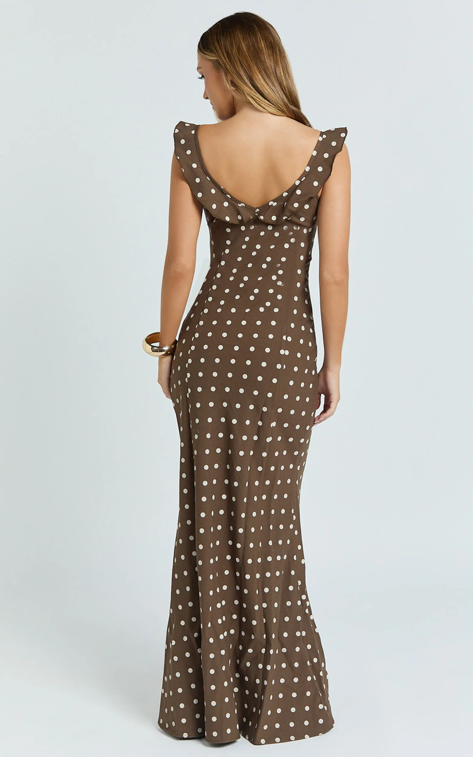 Isla Maxi Dress - Ruffle Sleeve Polka Dot Dress in Chocolate Polka Dot