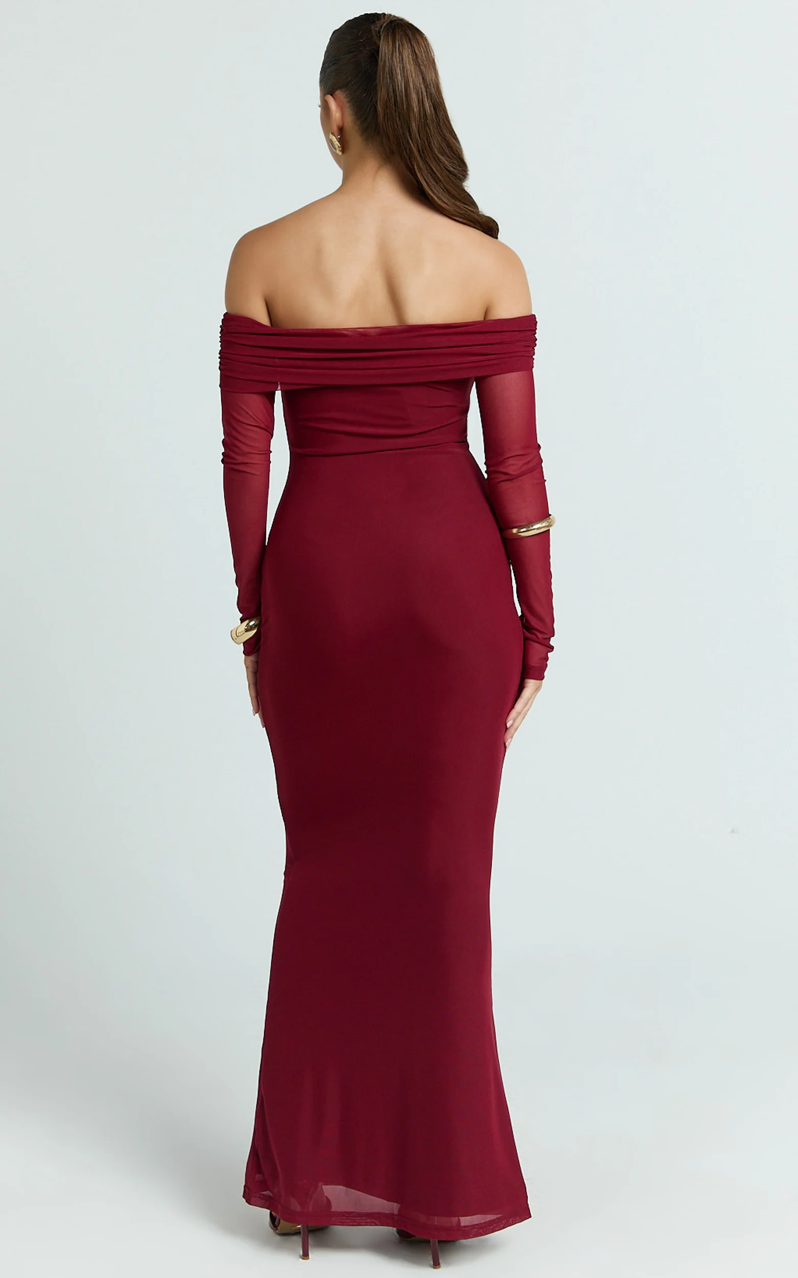 Bethanie Maxi Dress - Off The Shoulder Mesh Dress in Wine