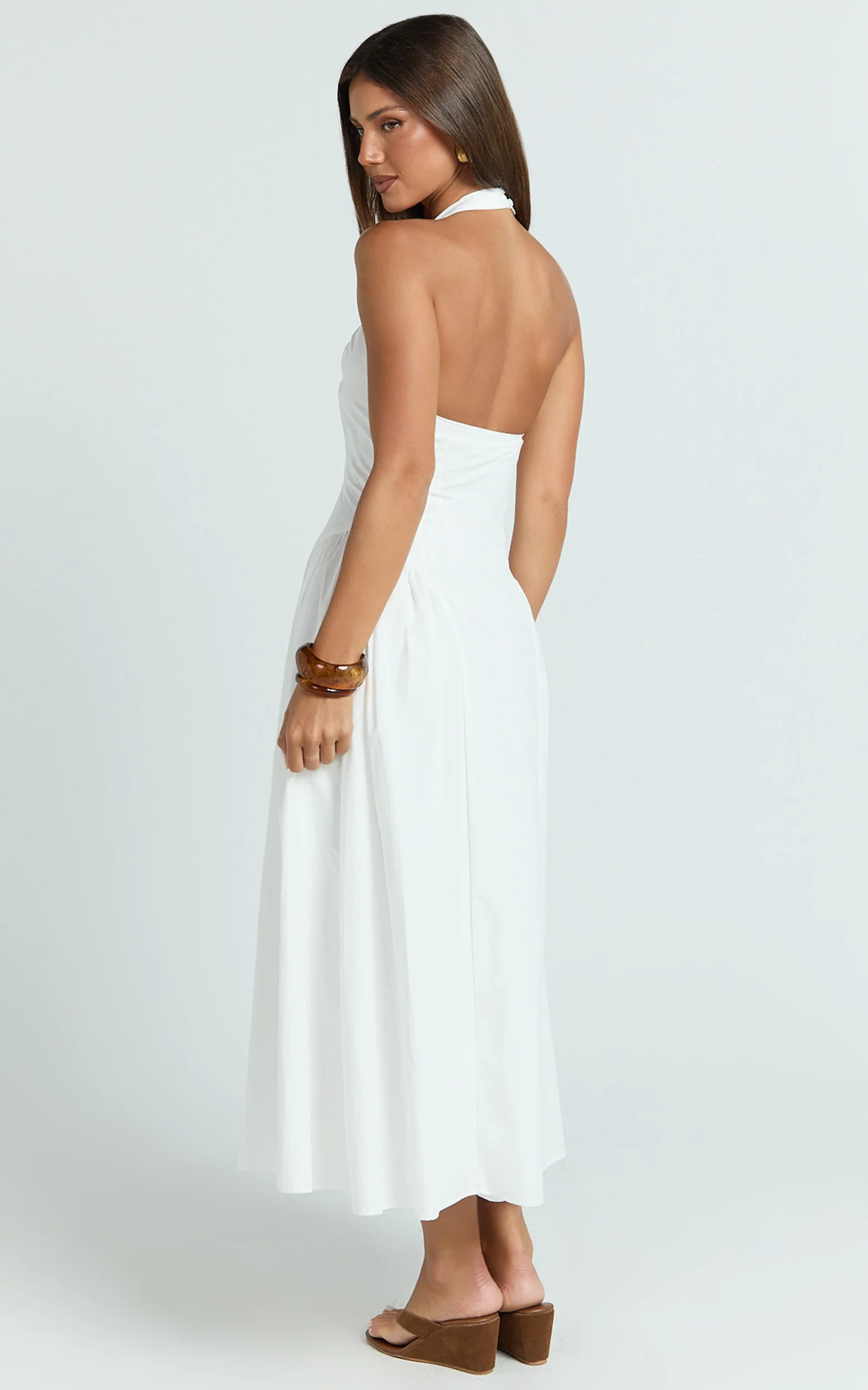 Danielle Midi Dress - Halter Neck Fit And Flare Dress in Off White