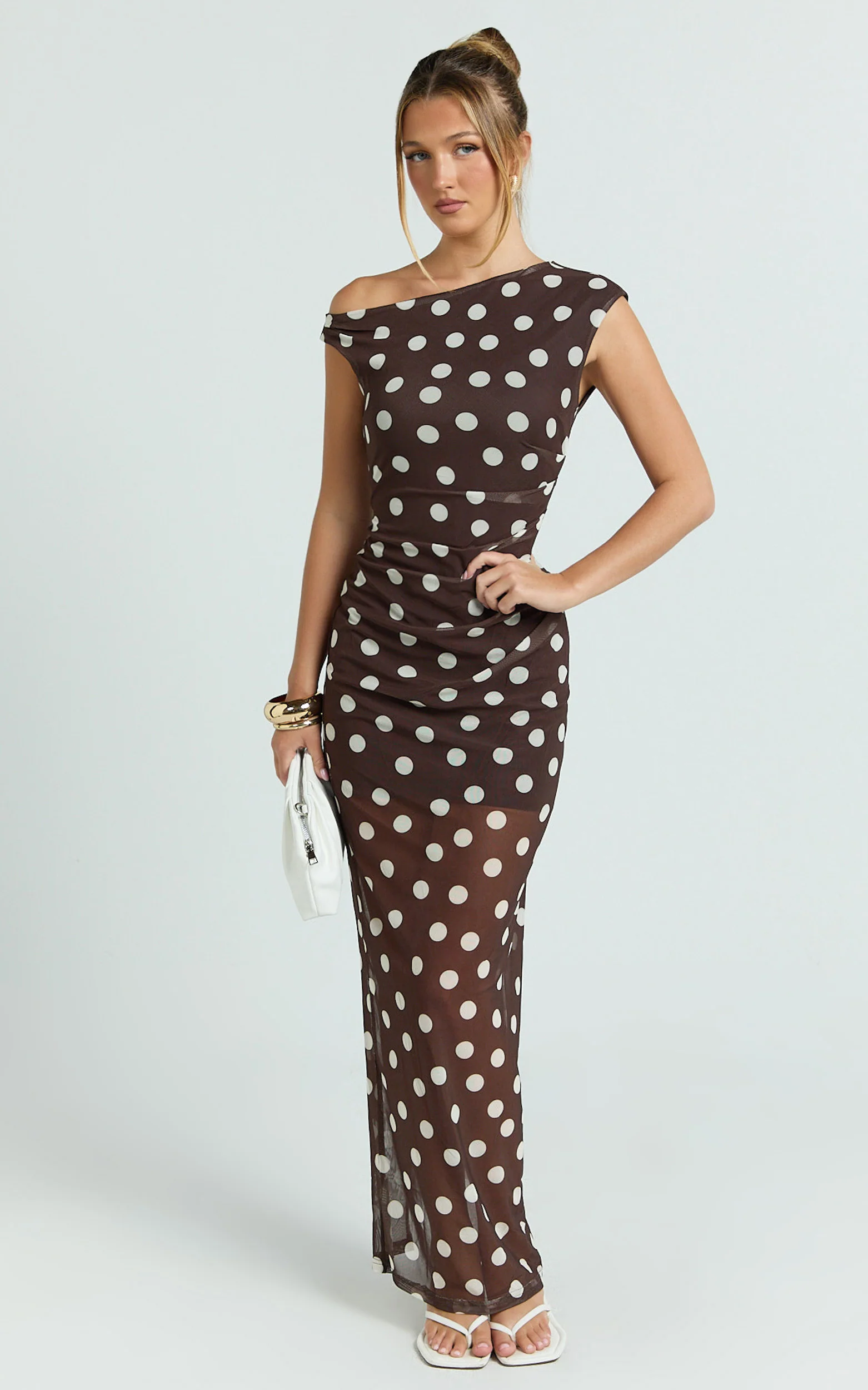 Lia Maxi Dress - Off Shoulder Slip Dress in Chocolate White Spot