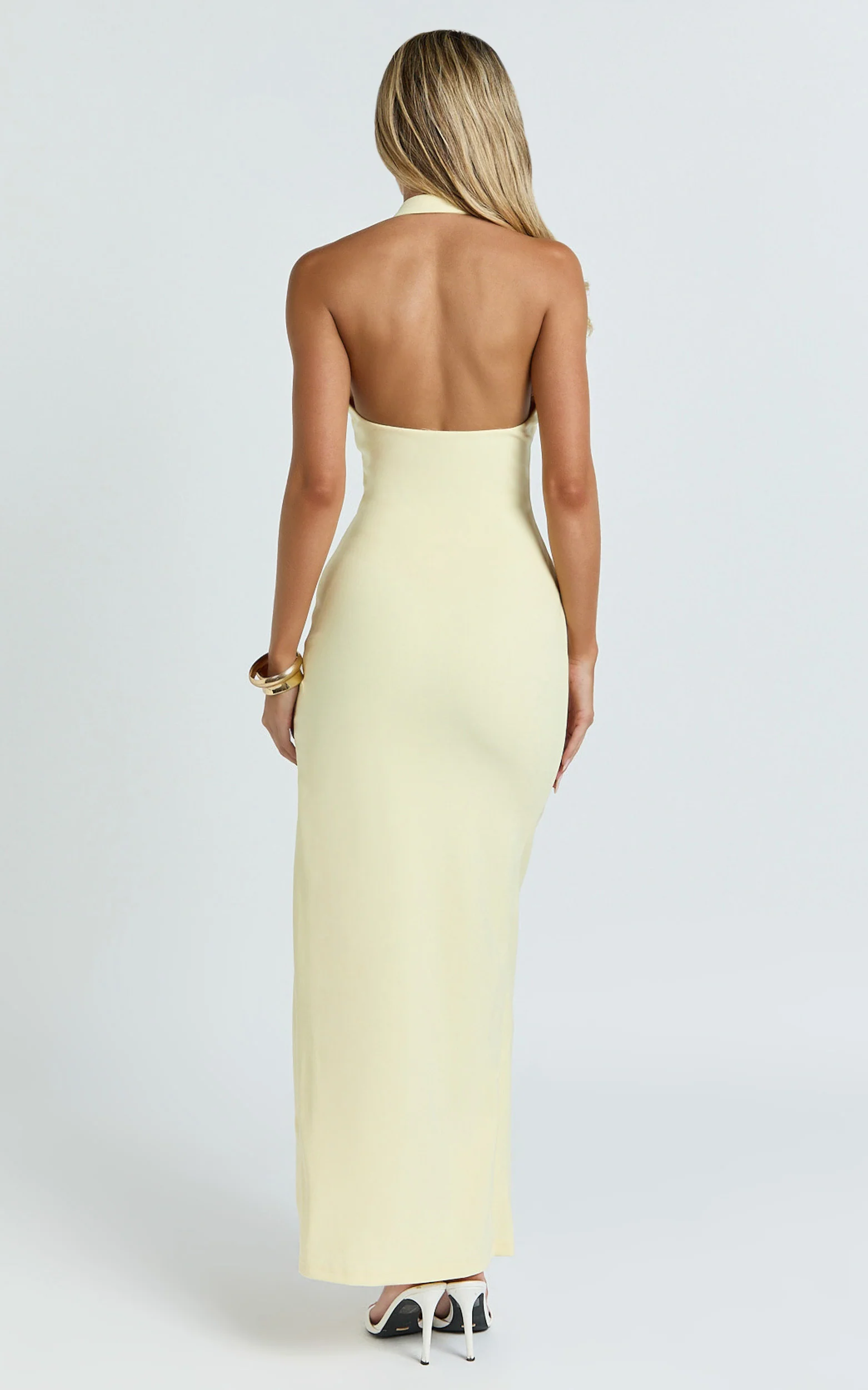 Ruby Maxi Dress - Halter Scoop Neck Low Back Bodycon Dress in Lemon