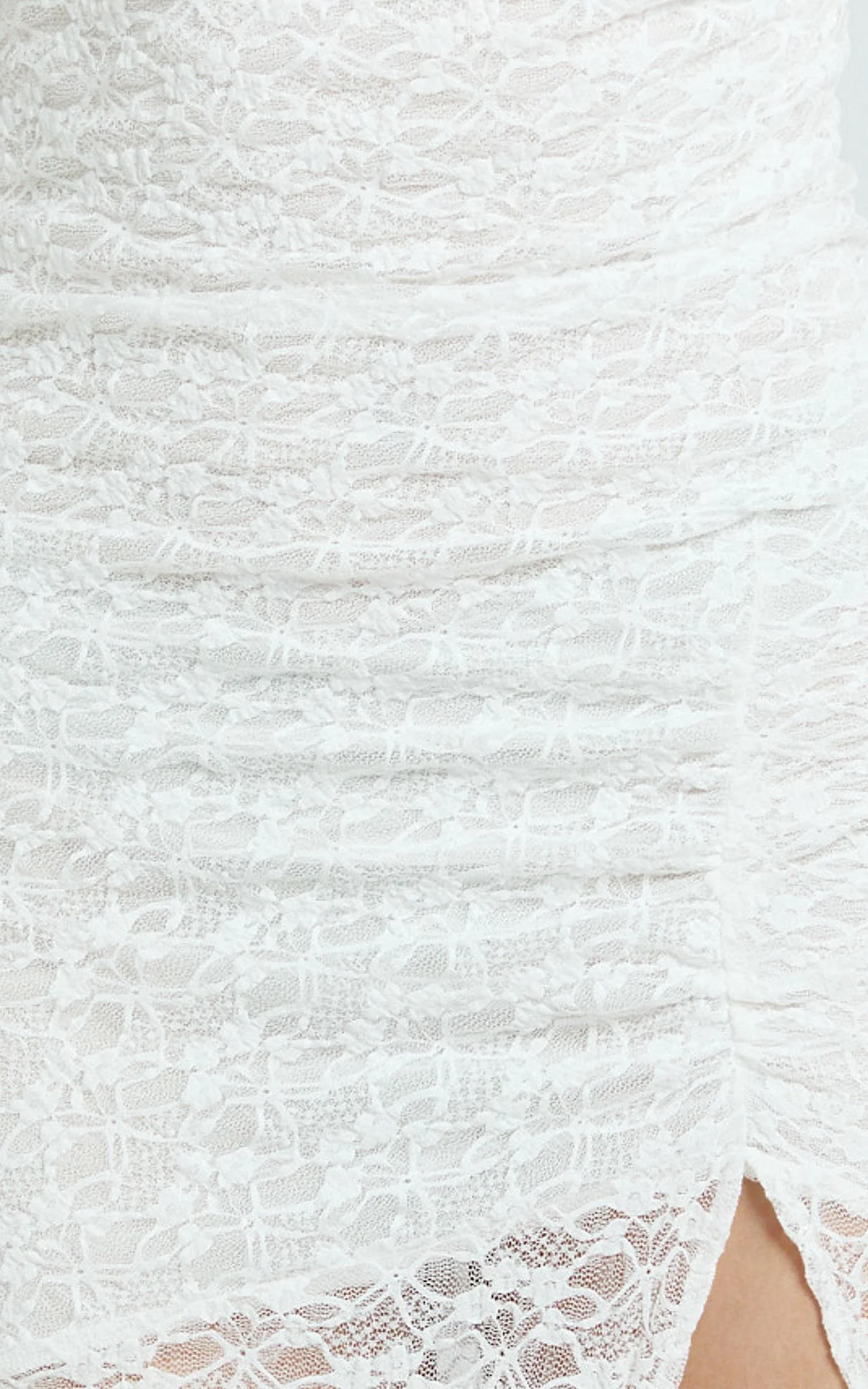 Karlene Midi Dress - Stretch Lace Long Sleeve Ruched Split Hem Dress in Ivory