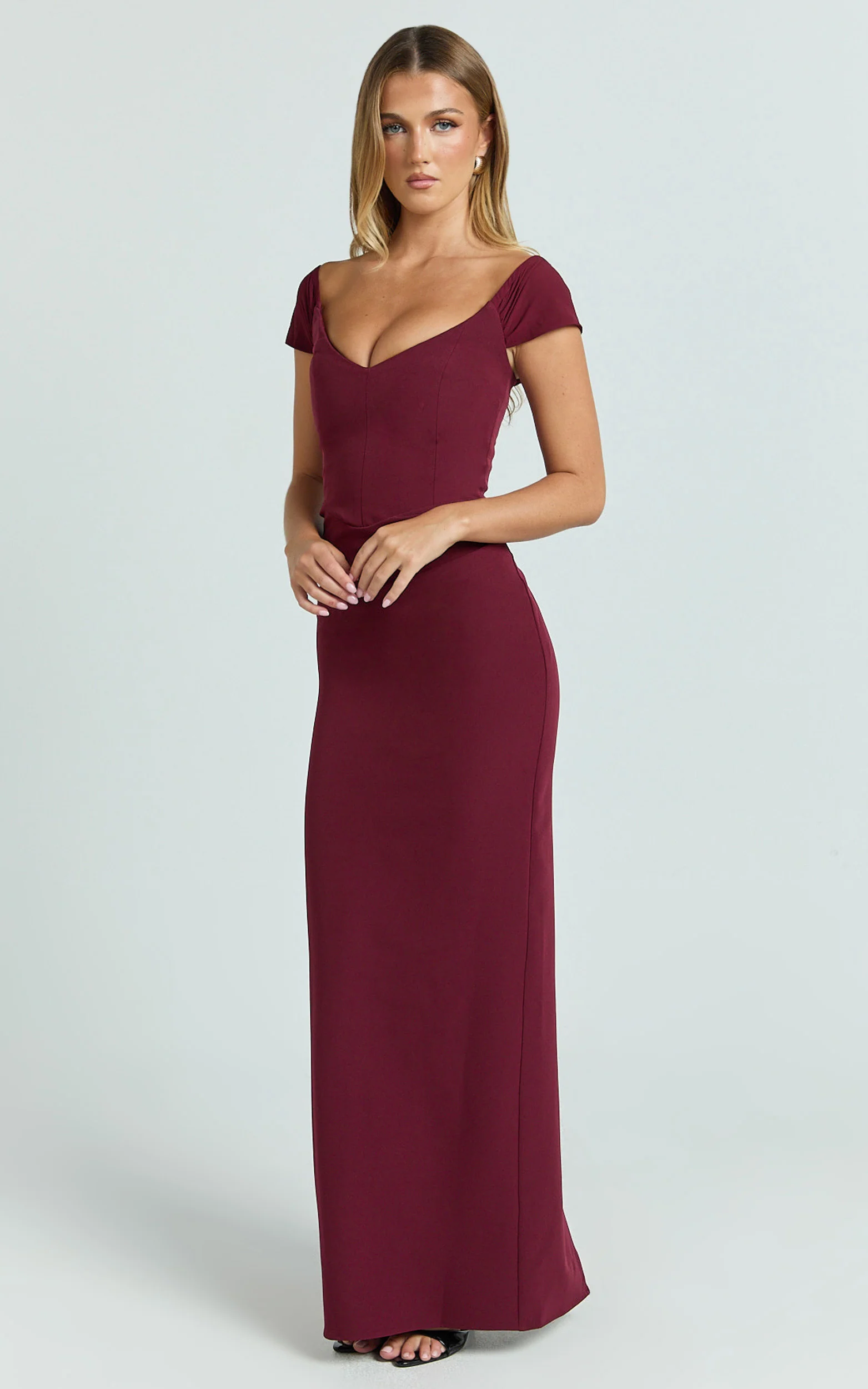 Veronika Maxi Dress - Off Shoulder Plunge High Split Dress in Wine