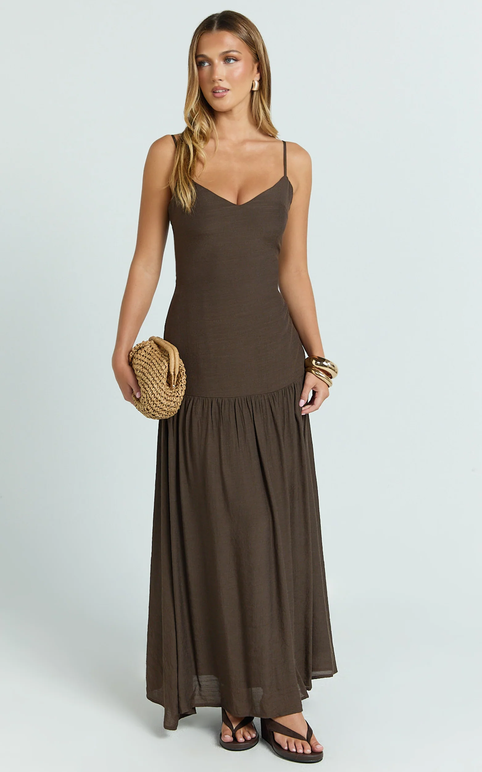 Collins Maxi Dress - V Neck Dropped Waist Gathered Maxi Dress in Chocolate