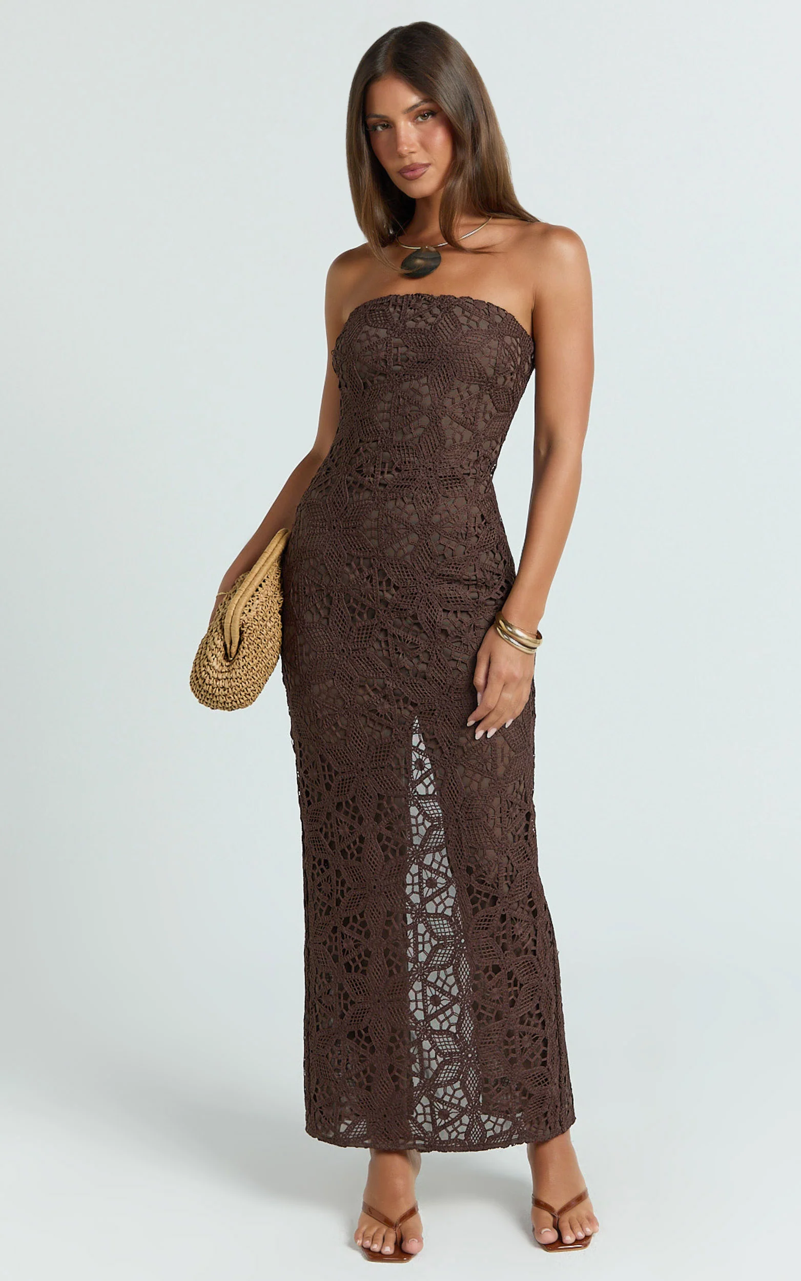 Tamika Maxi Dress - Crochet Strapless Column Dress in Chocolate