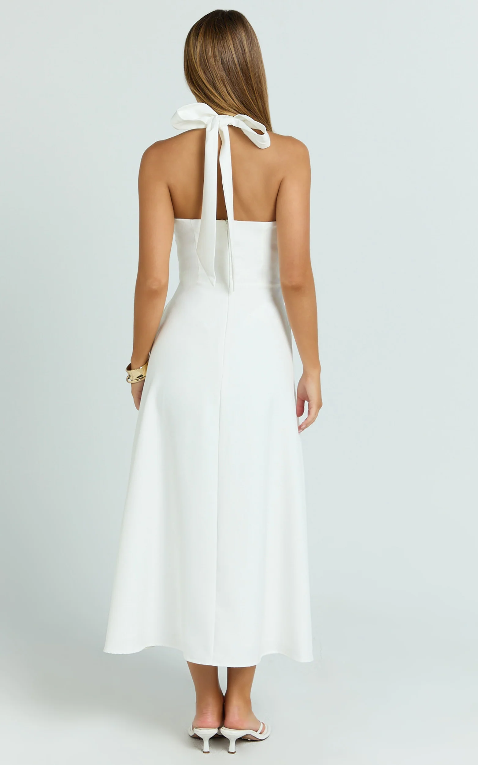 Karissa Midi Dress - Halter Neck Fitted Bodice Midi Soft A Line Skirt Dress in White