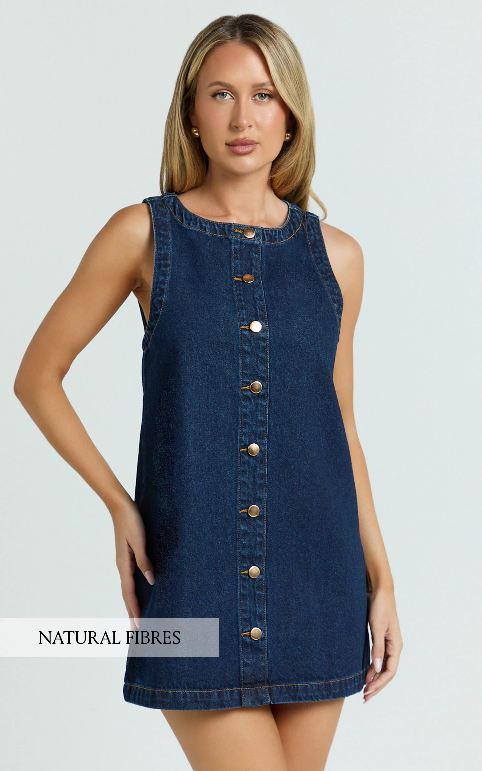 Leia Mini Dress - High Neck Mock Button Down Mini Dress in Dark Blue Wash