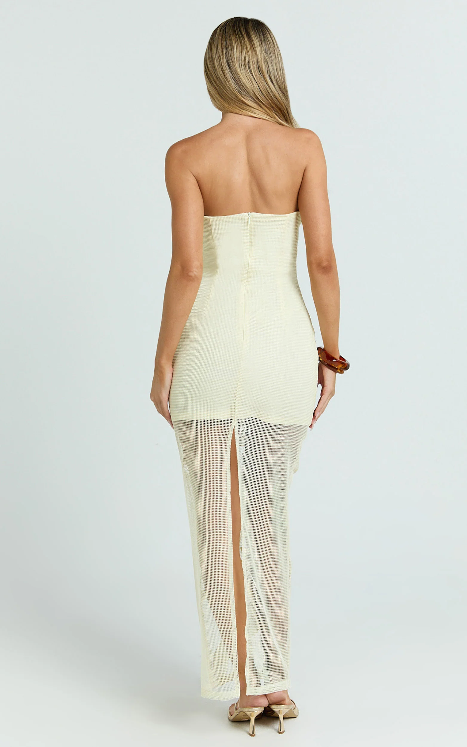 Sienna Midi Dress - Strapless Floral Embroidered Bodycon Dress in Lemon