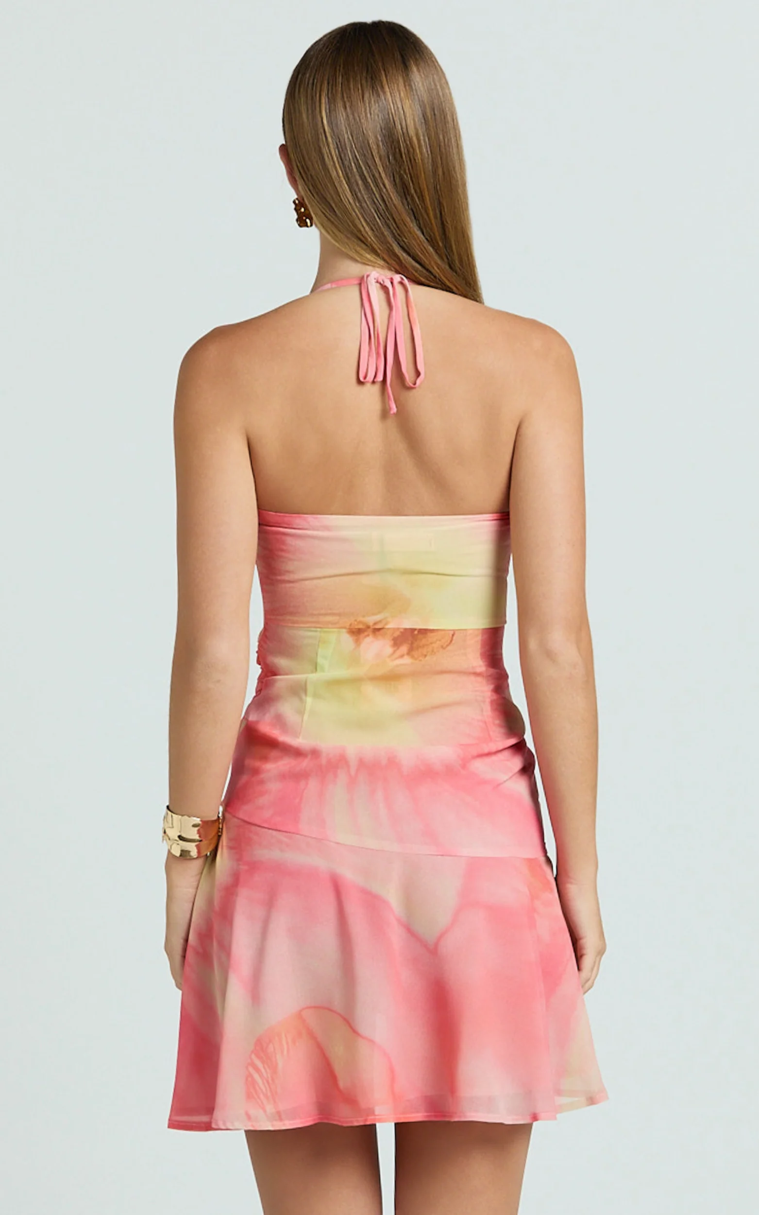 Charlie Mini Dress - Shirred Polka Dot Halter Dress in Regency Floral