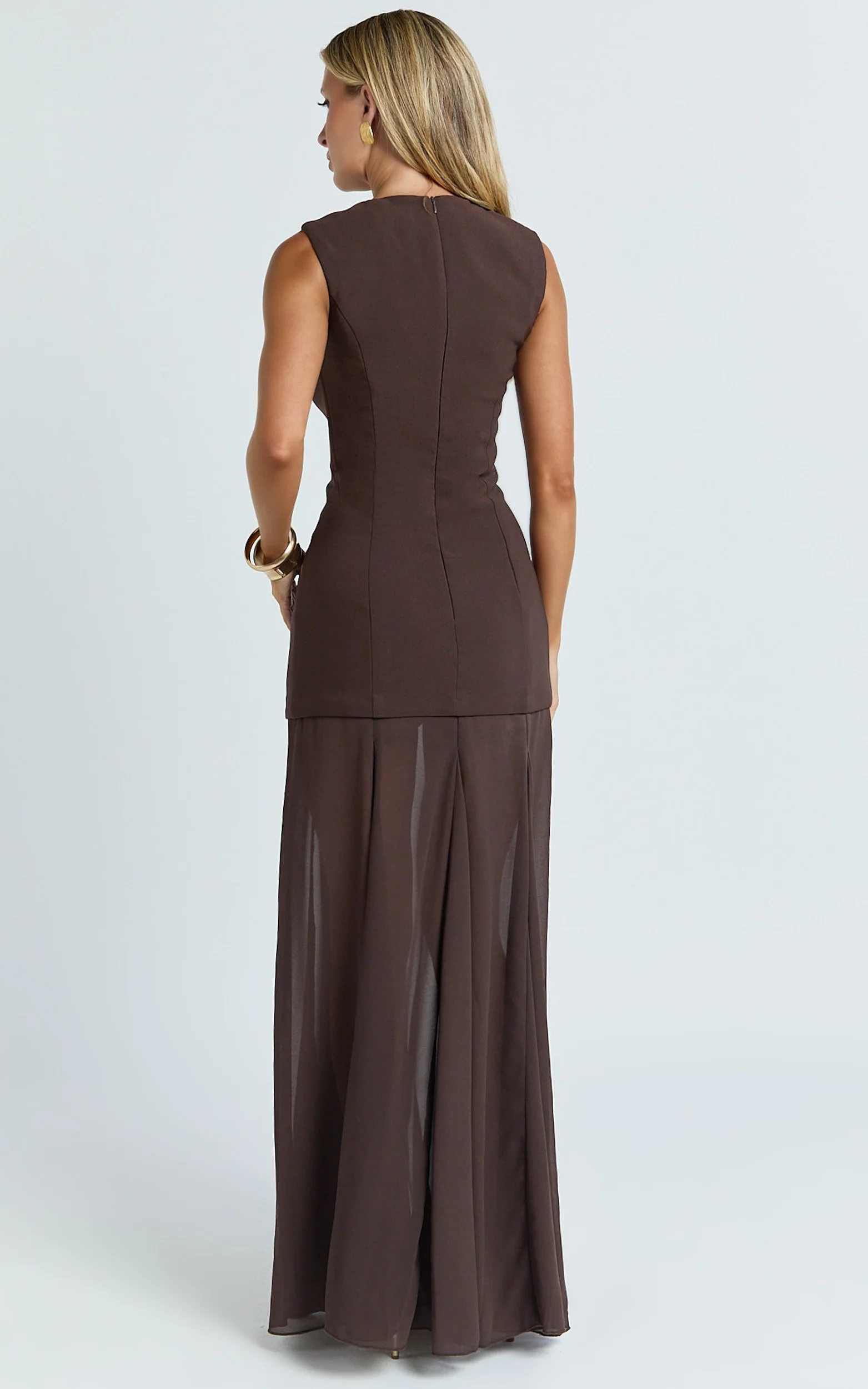 Frances Maxi Dress - Contrast U Neck Godet A Line Dress in Chocolate