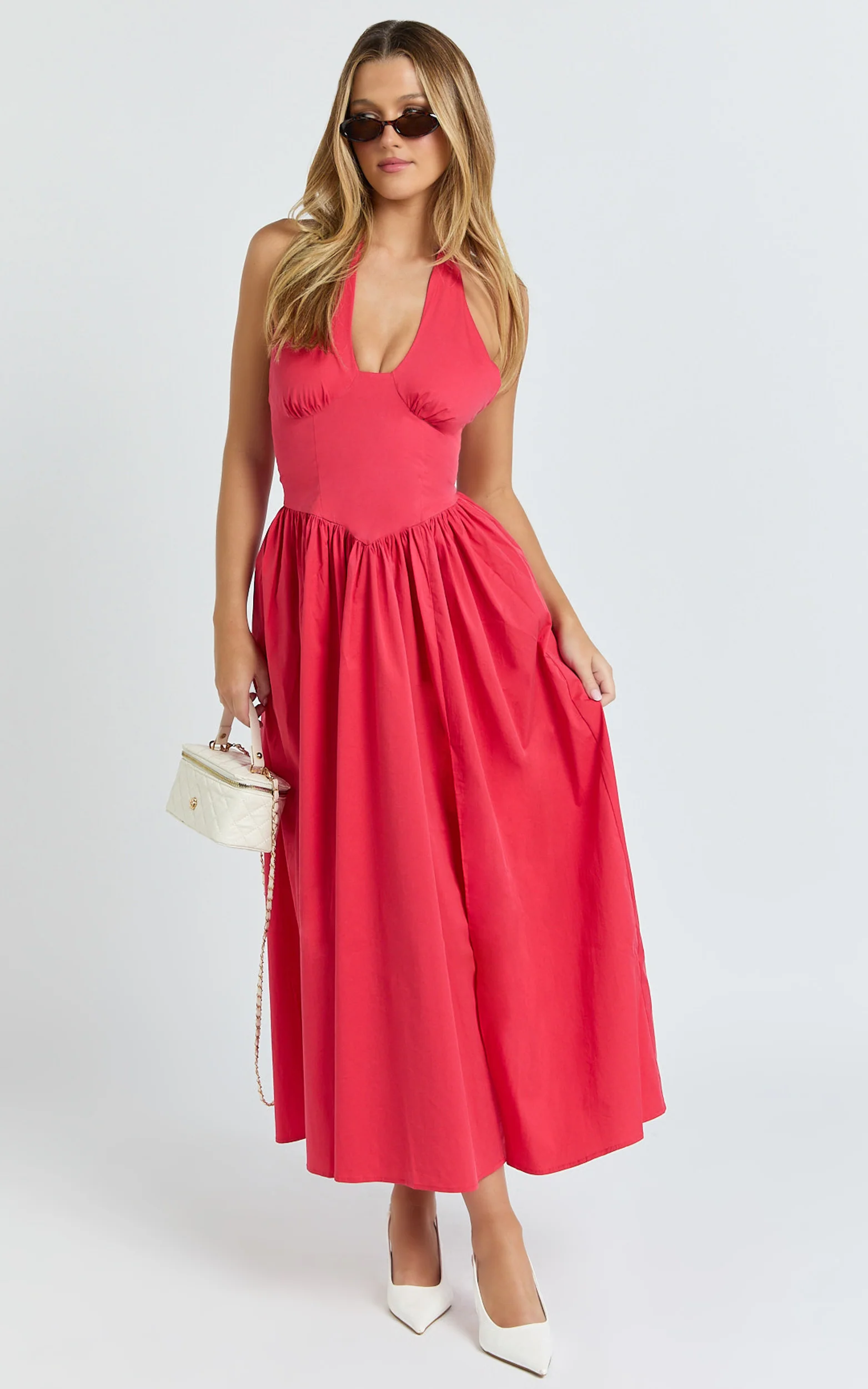 Belle Midi Dress - Keyhole Halter With V Yoke Dress in Red