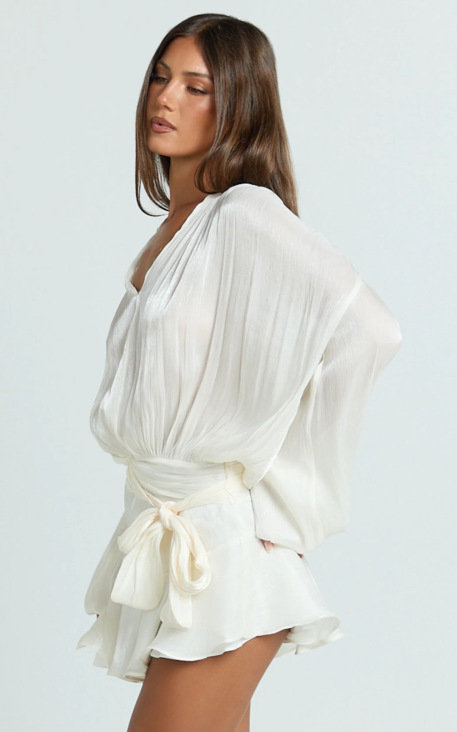 Carmela Mini Dress - Long Sleeve Tie Neck Ruffle Skirt Dress in Off White