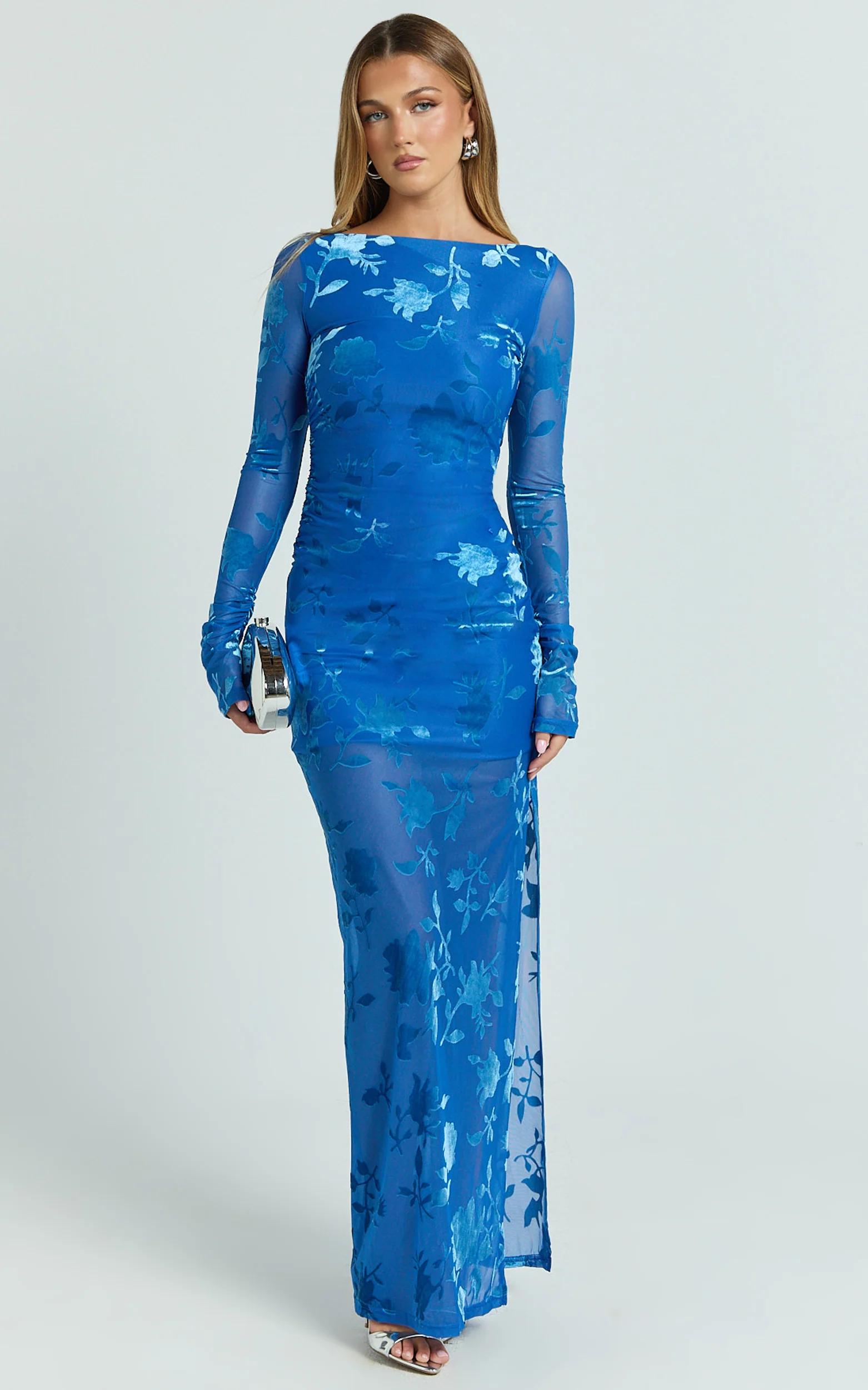 Inez Maxi Dress - Boat Neck Long Sleeve Ruched Dress in Blue