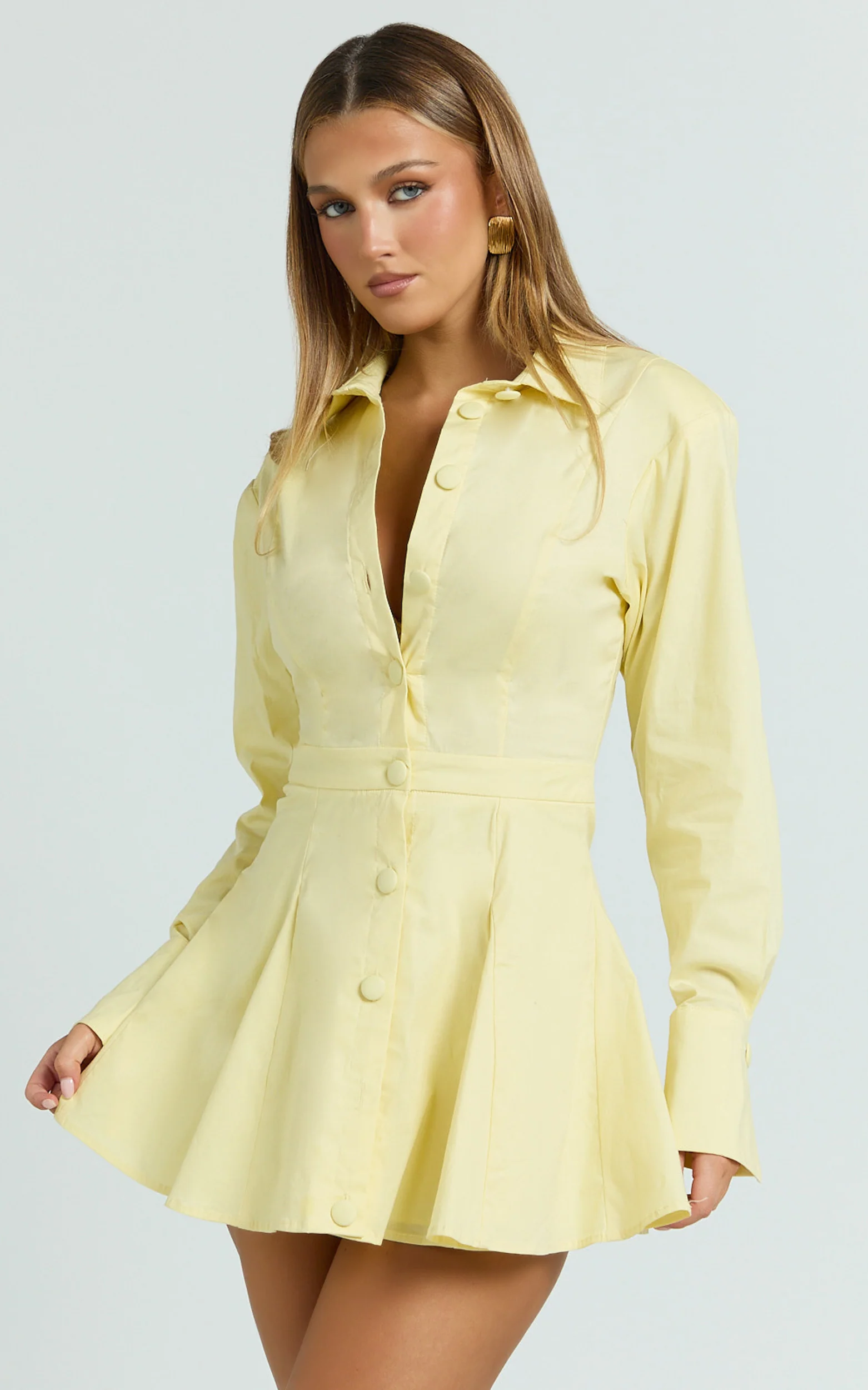 Dale Mini Dress - Power Shoulder Collared Button Down Fit And Flare Dress in Lemon