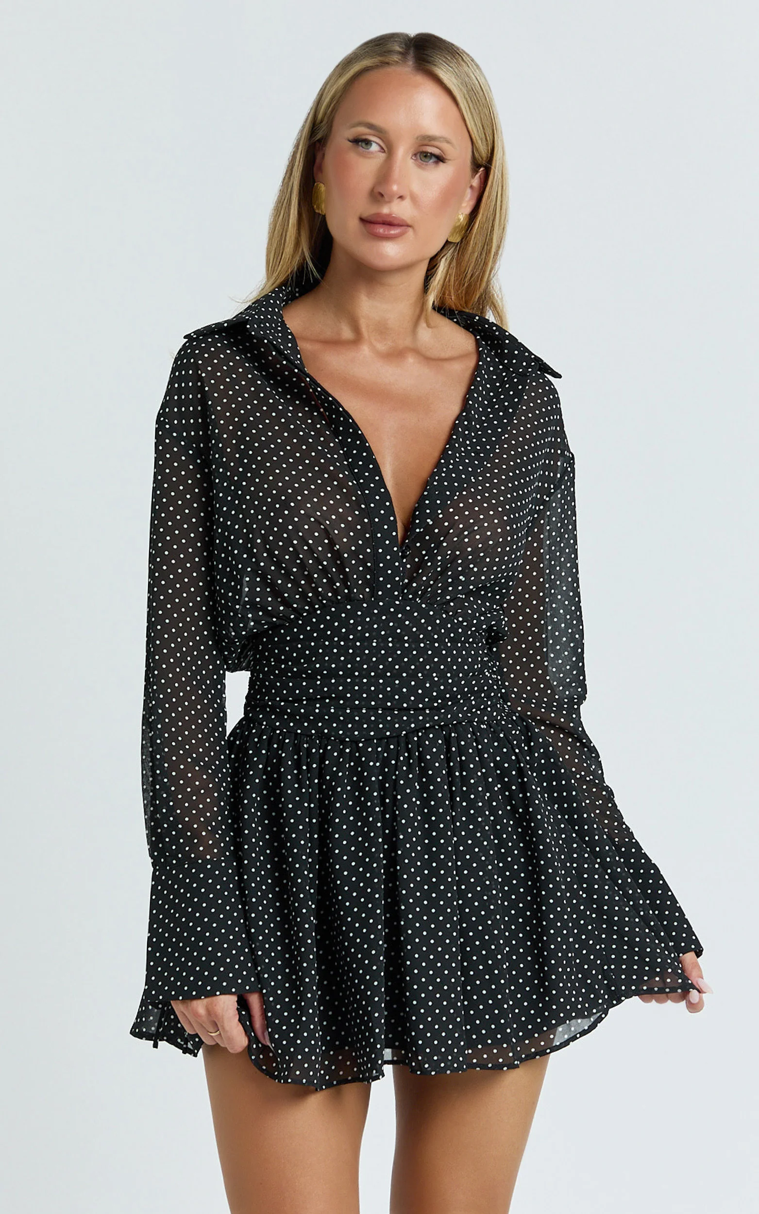 Valerie Mini Dress - Collared Long Sleeve Waist Shirt Dress in Black Polka Dot