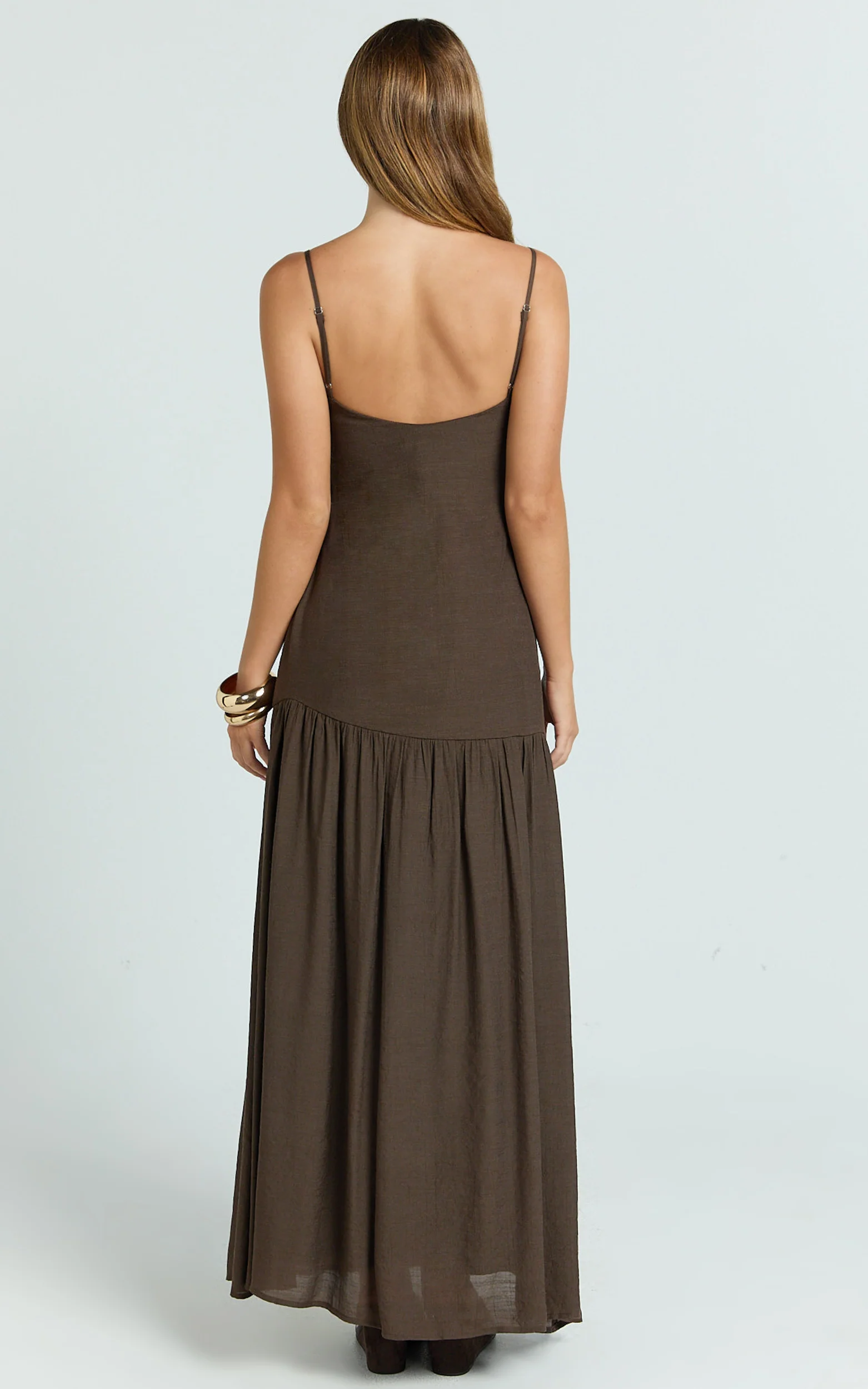 Collins Maxi Dress - V Neck Dropped Waist Gathered Maxi Dress in Chocolate