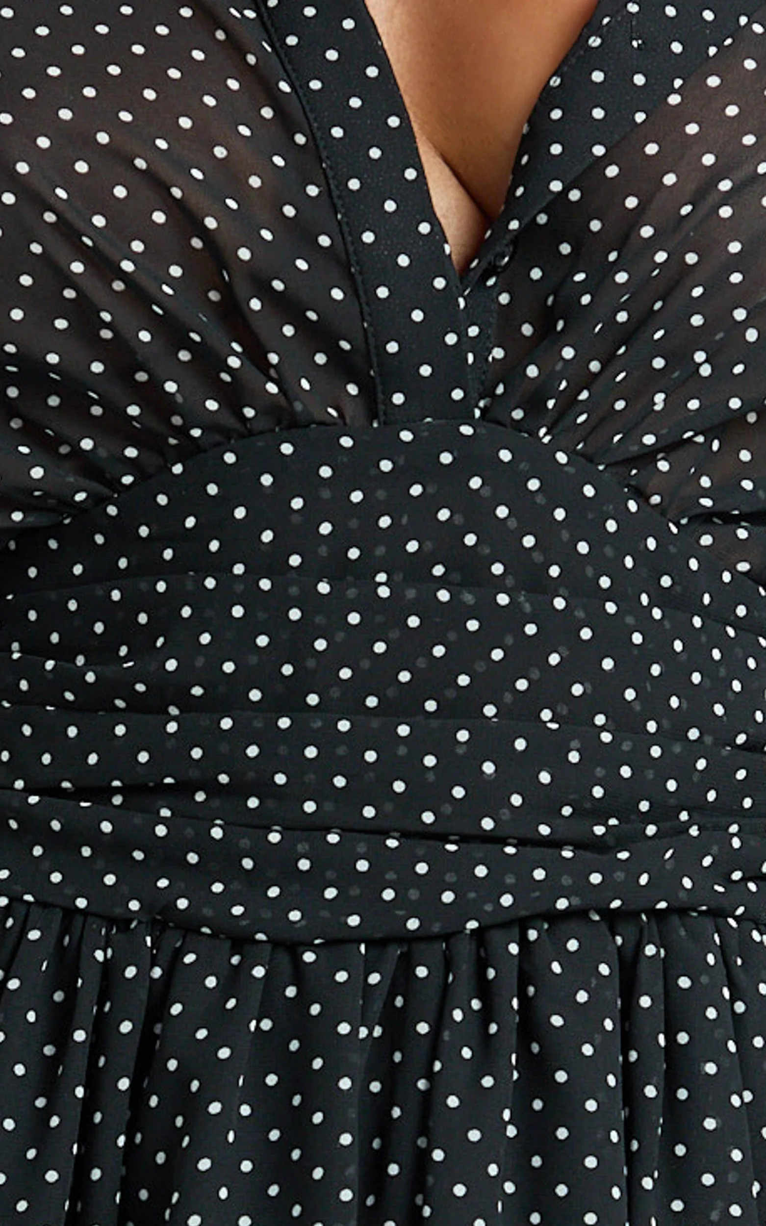 Valerie Mini Dress - Collared Long Sleeve Waist Shirt Dress in Black Polka Dot