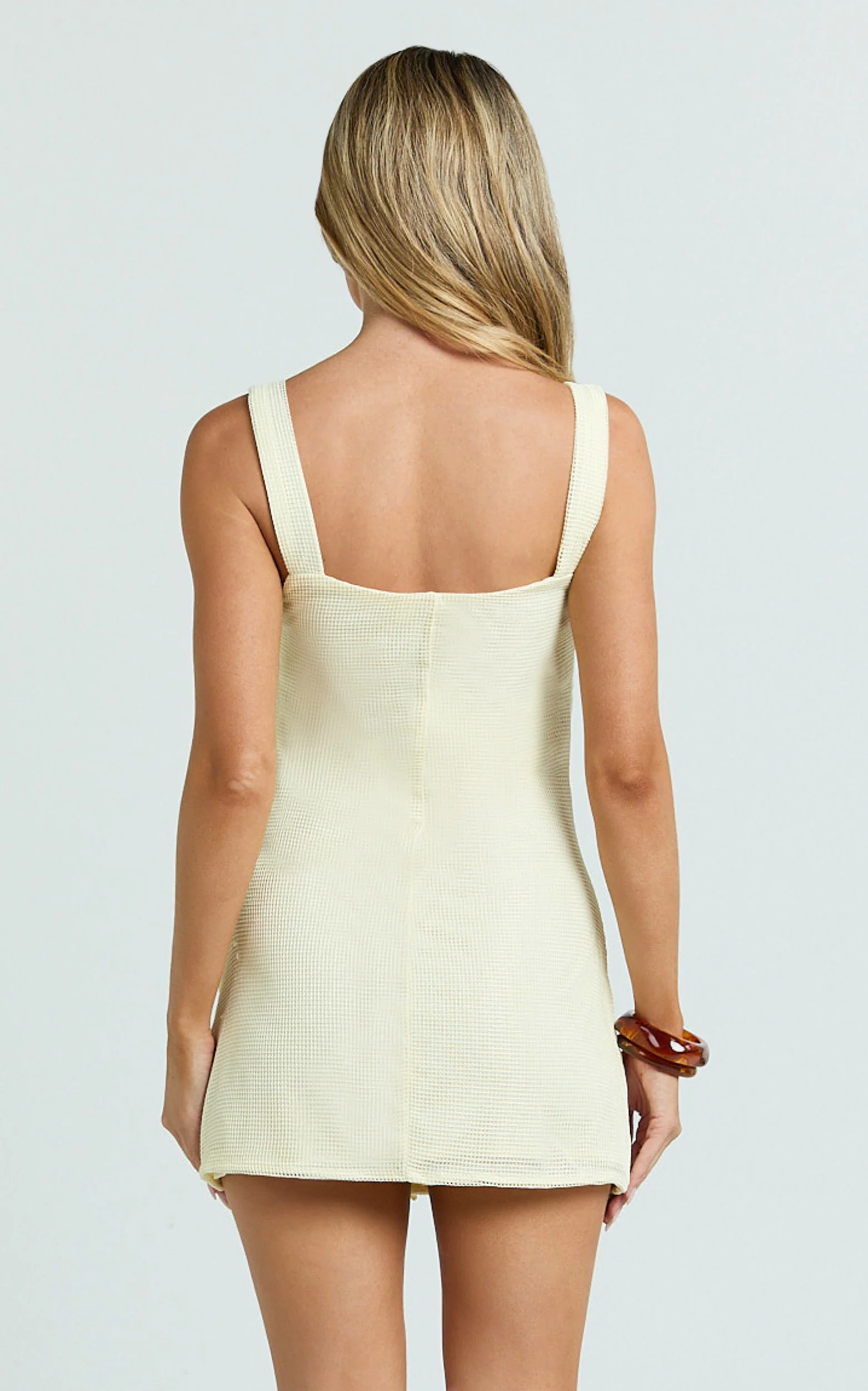 Sienna Mini Dress - Square Neck Floral Embroidered A Line Dress in Lemon