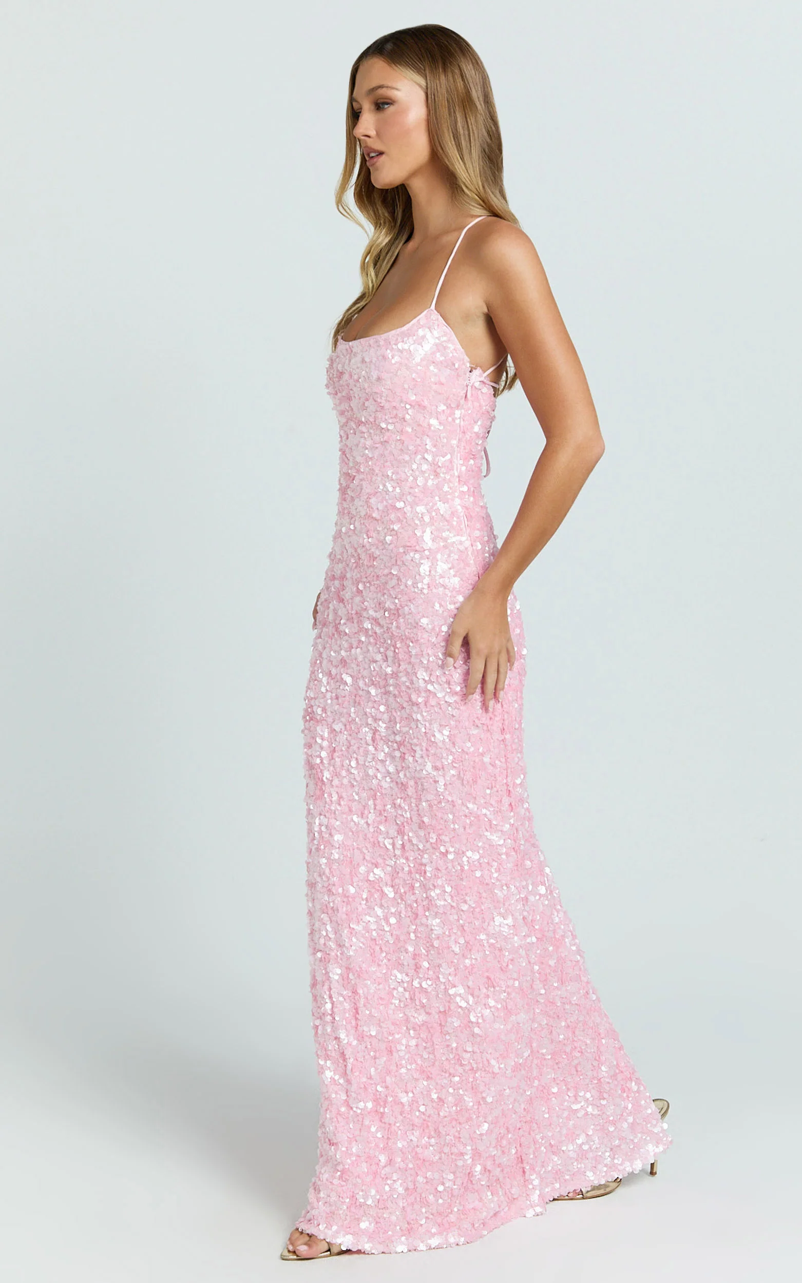 Clara Maxi Dress - Scoop Neck Tie Back Fitted Sequin Dress in Pink