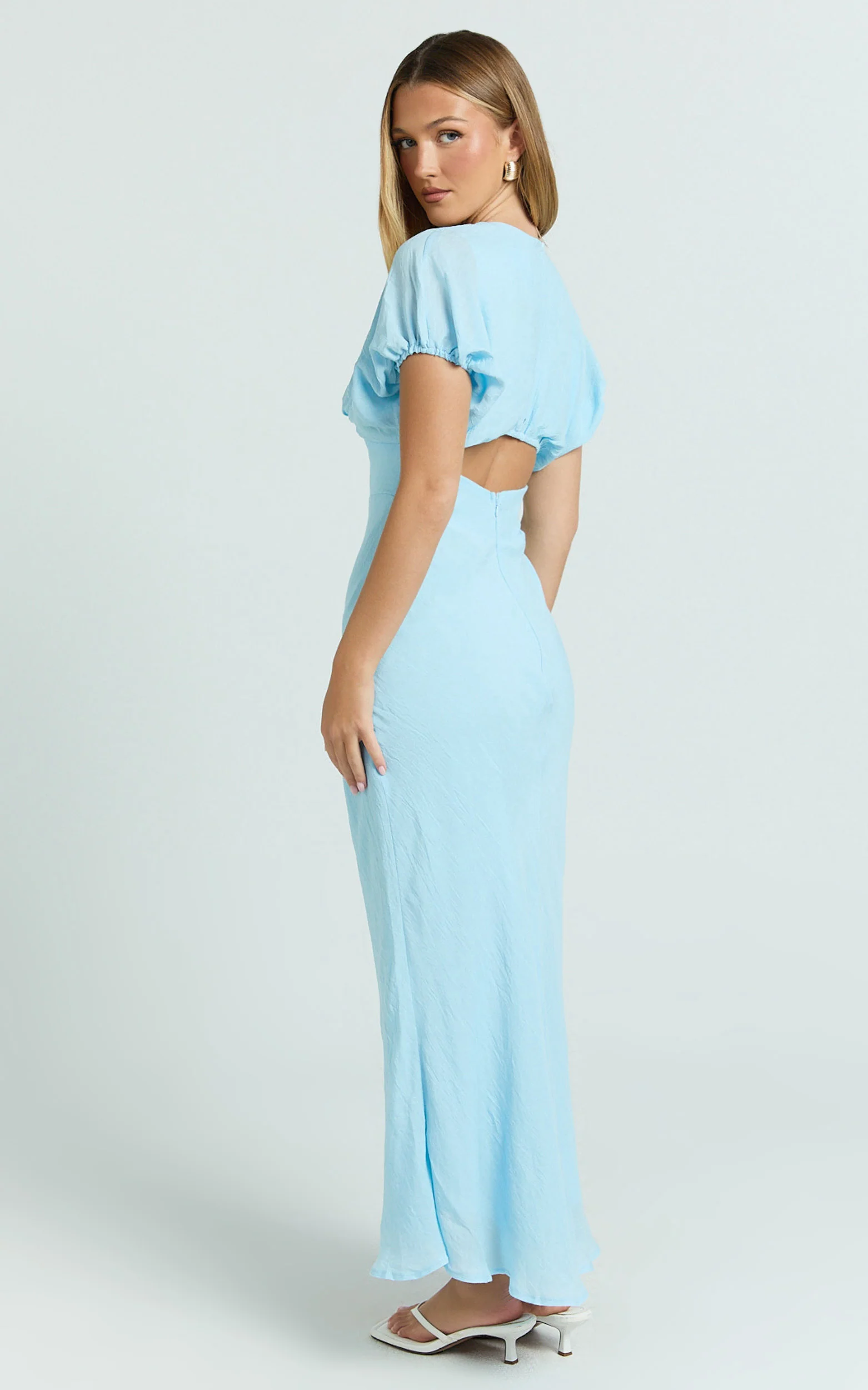 Desiree Midi Dress - V Neck Flutter Short Sleeve Slip Dress in Blue