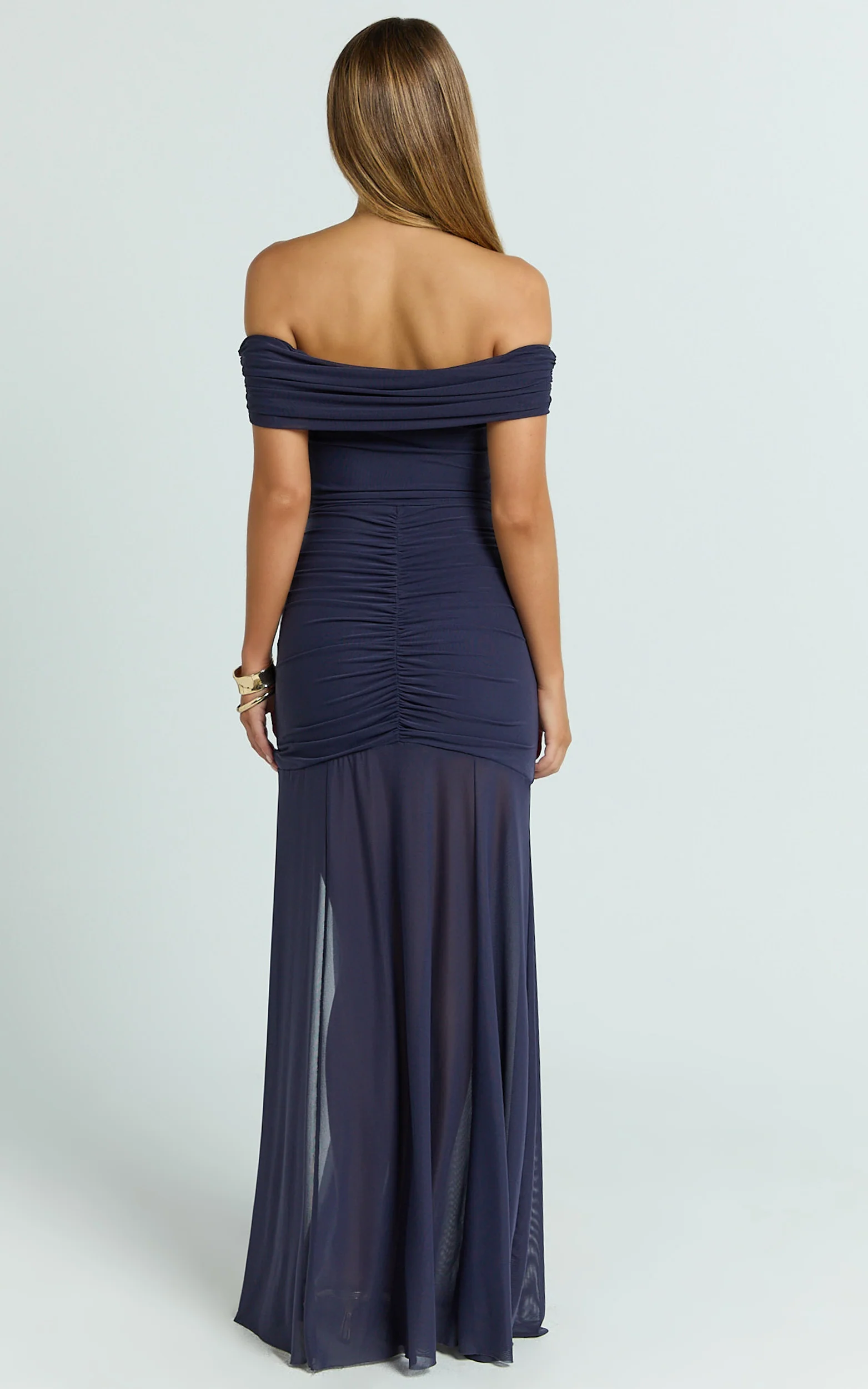 Alanna Maxi Dress - Off Shoulder Ruched Mesh Dress in Ink