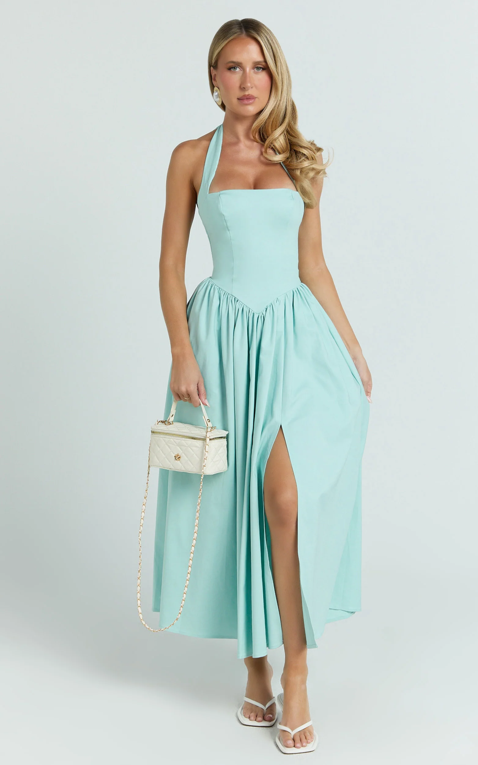 Helda Midi Dress - Halter Tie Neck Corset Panel Dress in Mint