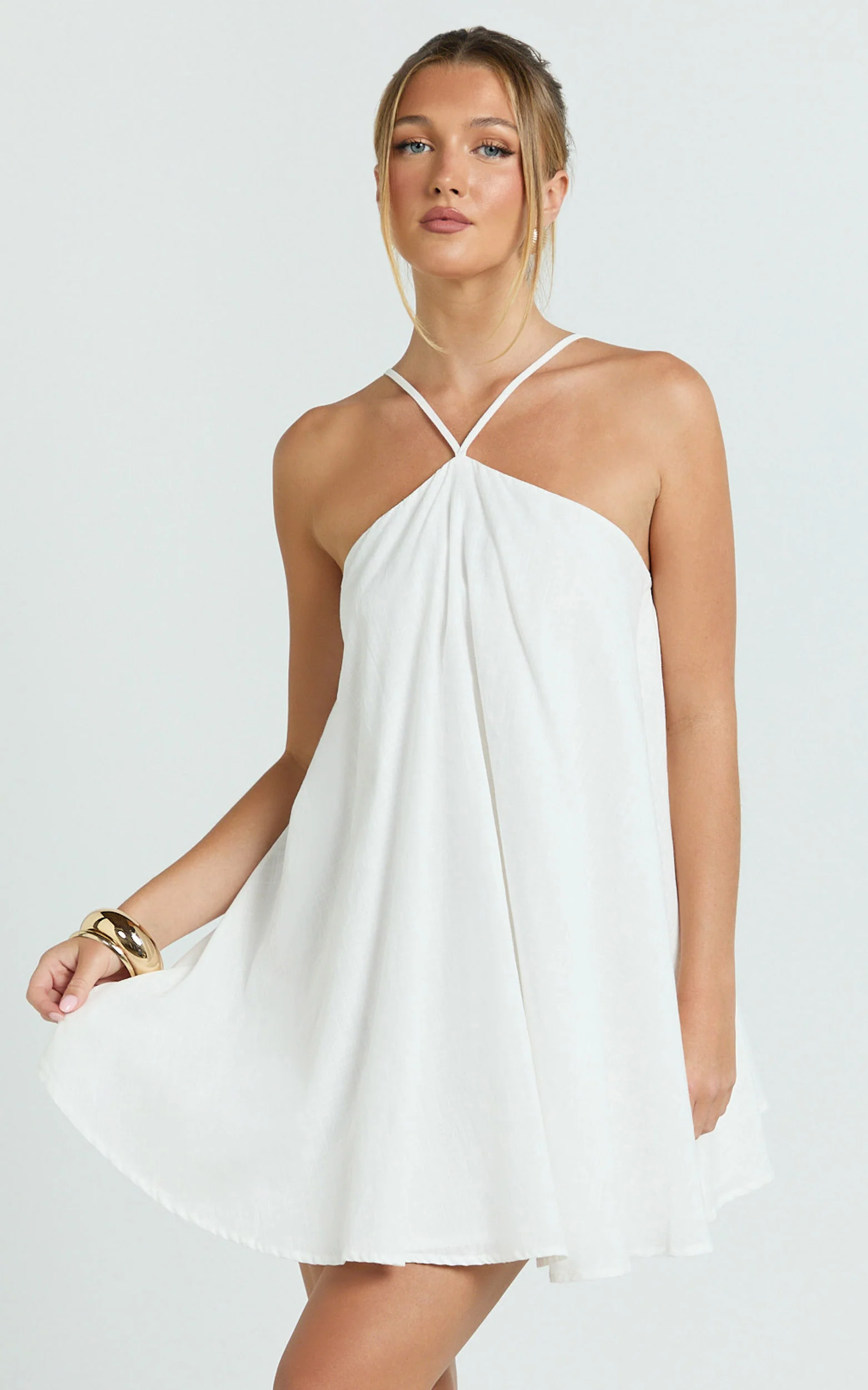 Salma Mini Dress - Halter Neck Trapeze Mini Dress in Off White