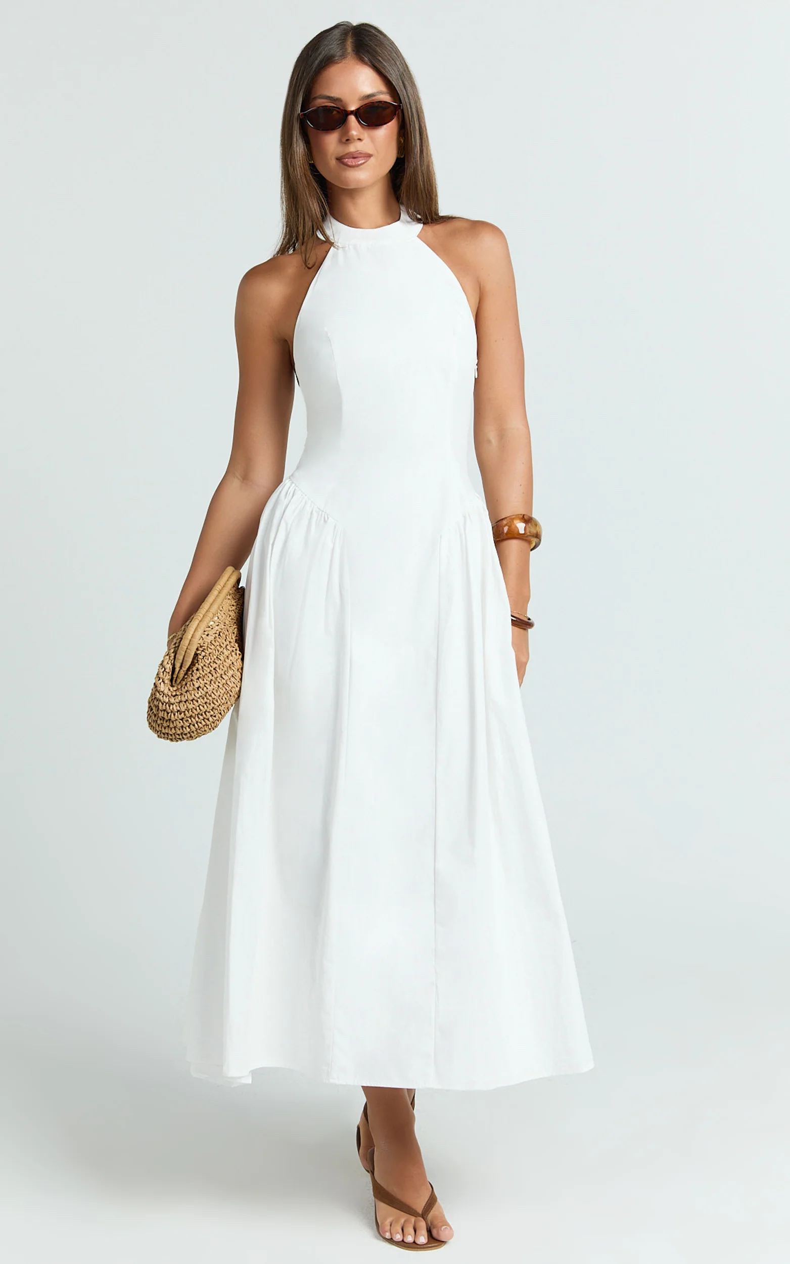 Danielle Midi Dress - Halter Neck Fit And Flare Dress in Off White