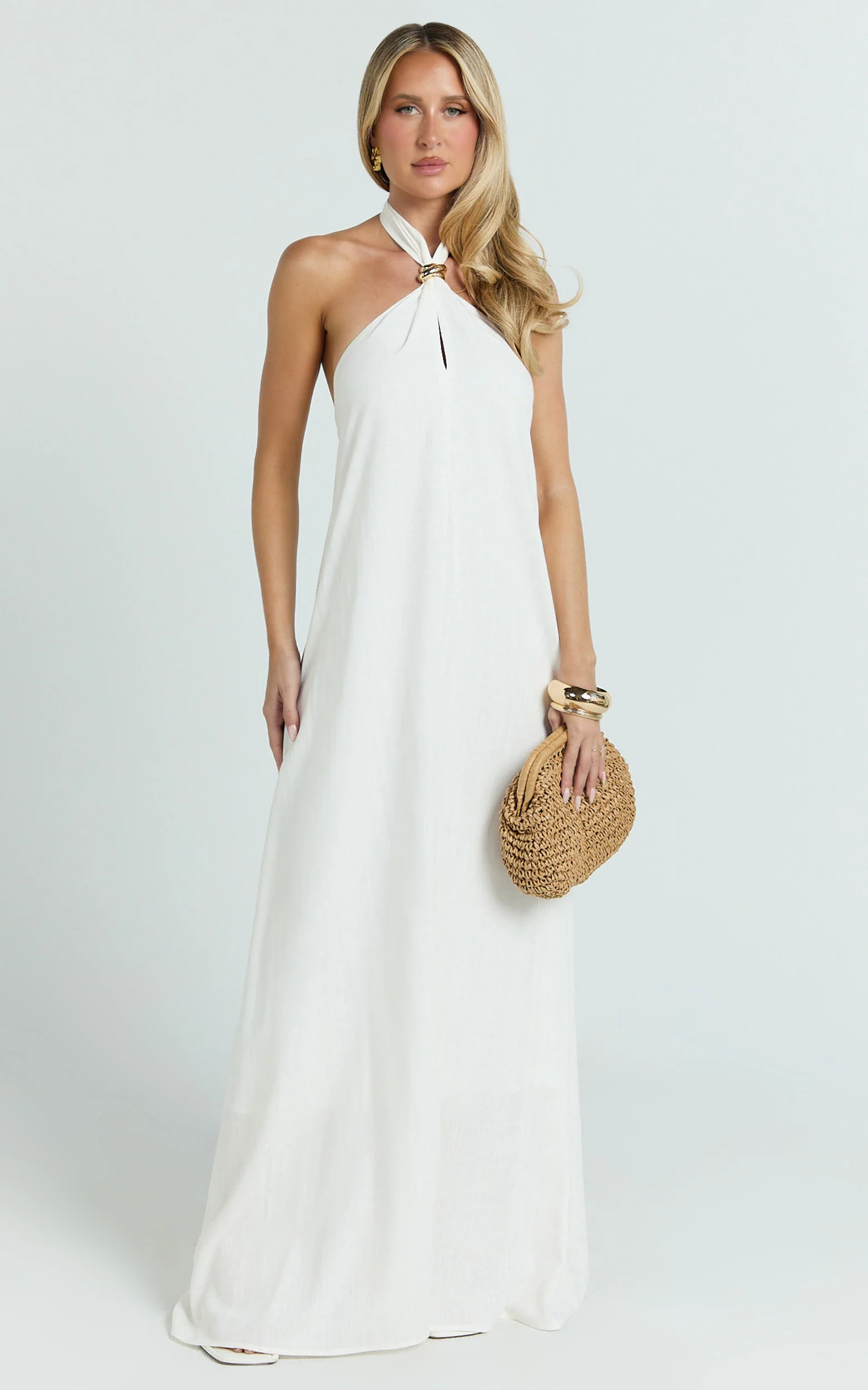 Jhazmine Maxi Dress - Halterneck Linen Gold Trim Dress in Off White