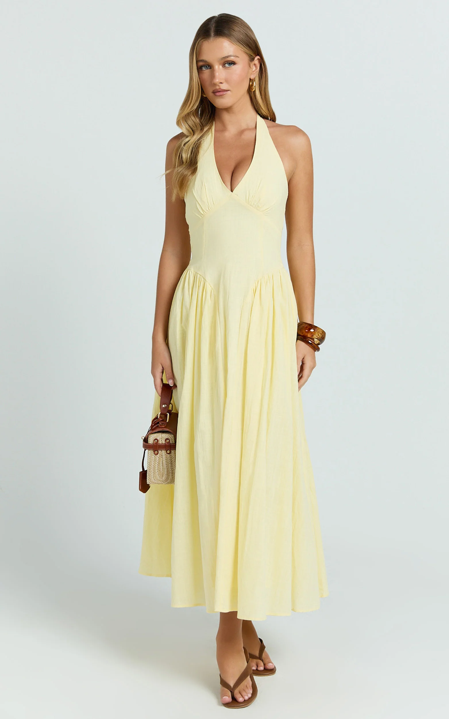 Athena Midi Dress - Halter Drop Waist Dress in Lemon