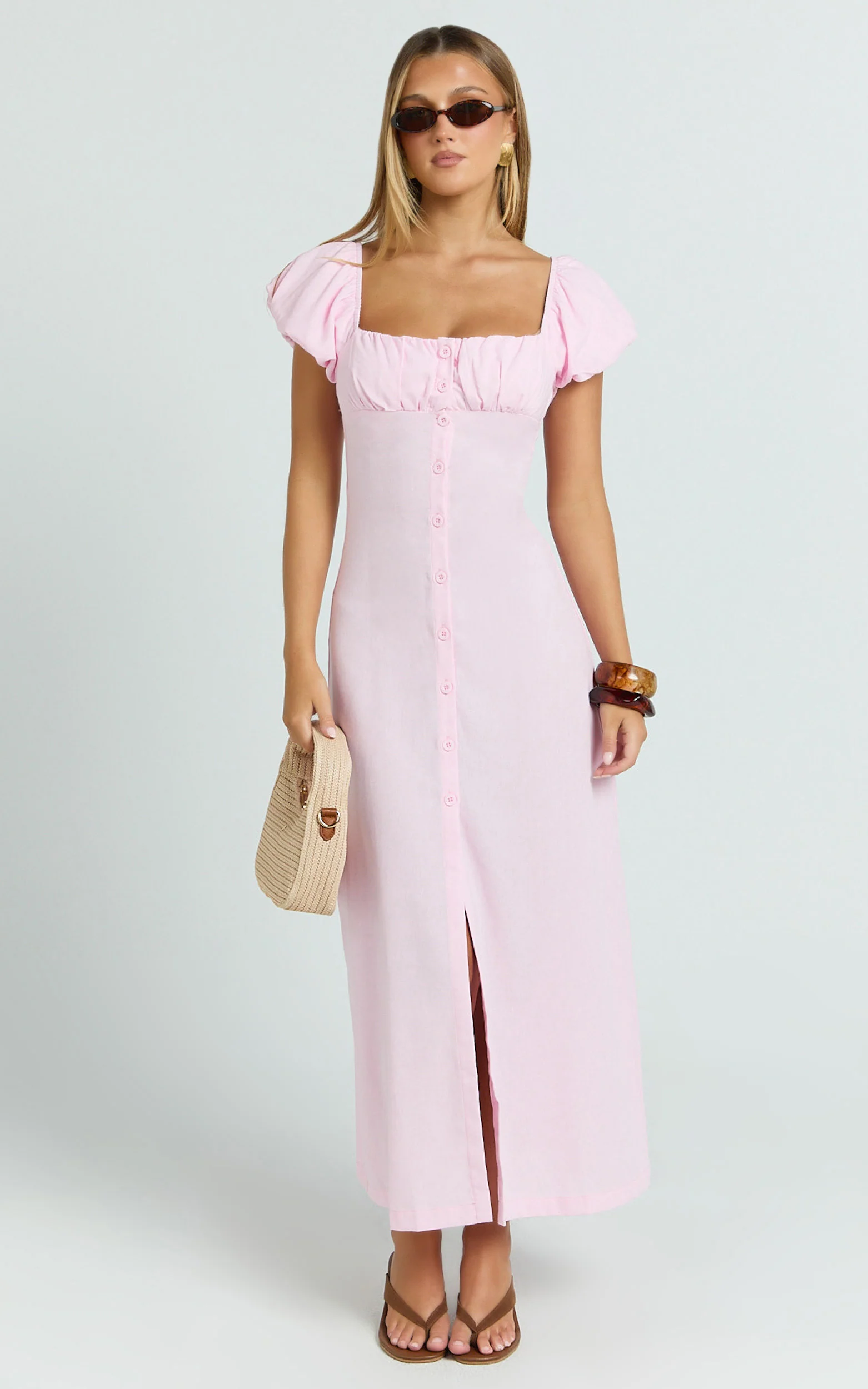 Welmina Midi Dress - Short Sleeve Placket Front Dress in Pale Pink