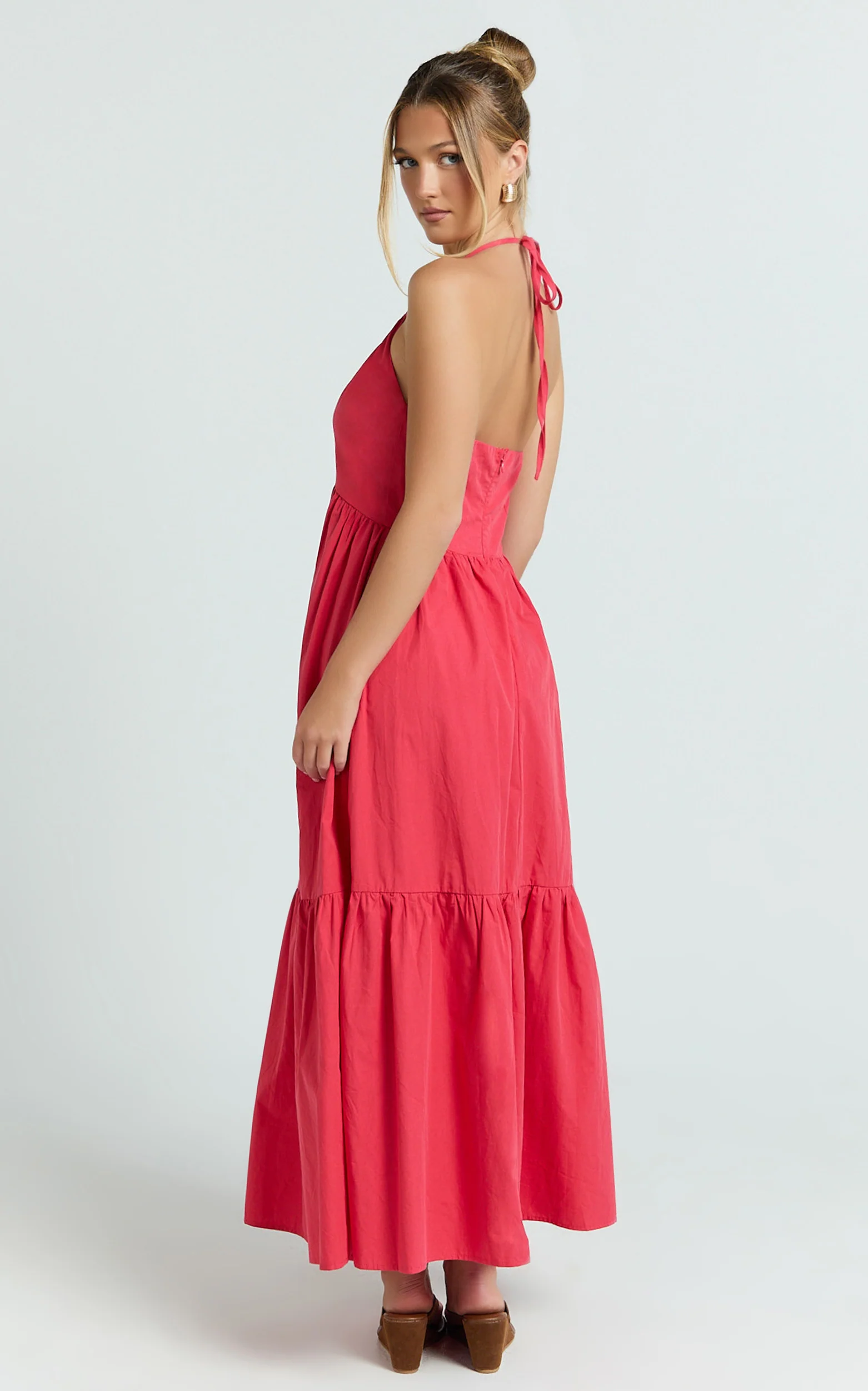 Augusta Midi Dress - Gathered Halter Neck Tiered Midi Dress in Red