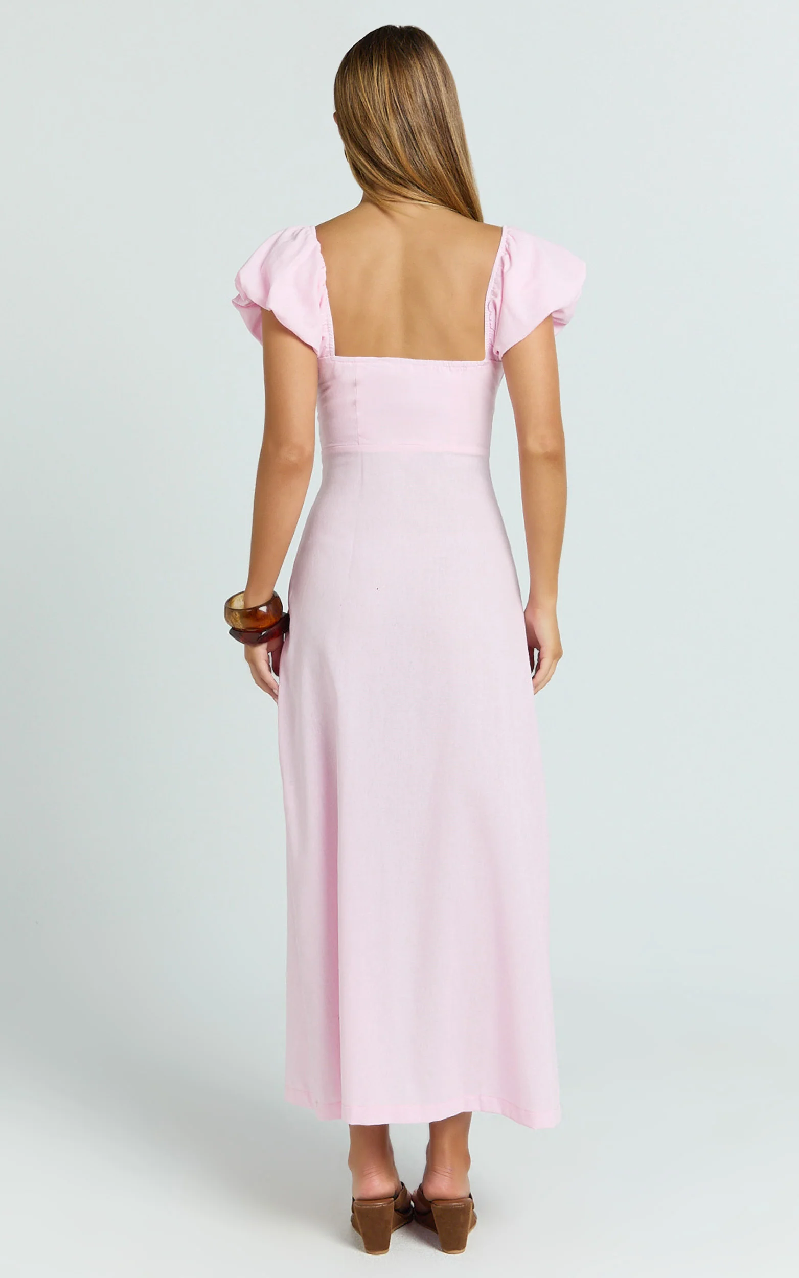 Welmina Midi Dress - Short Sleeve Placket Front Dress in Pale Pink