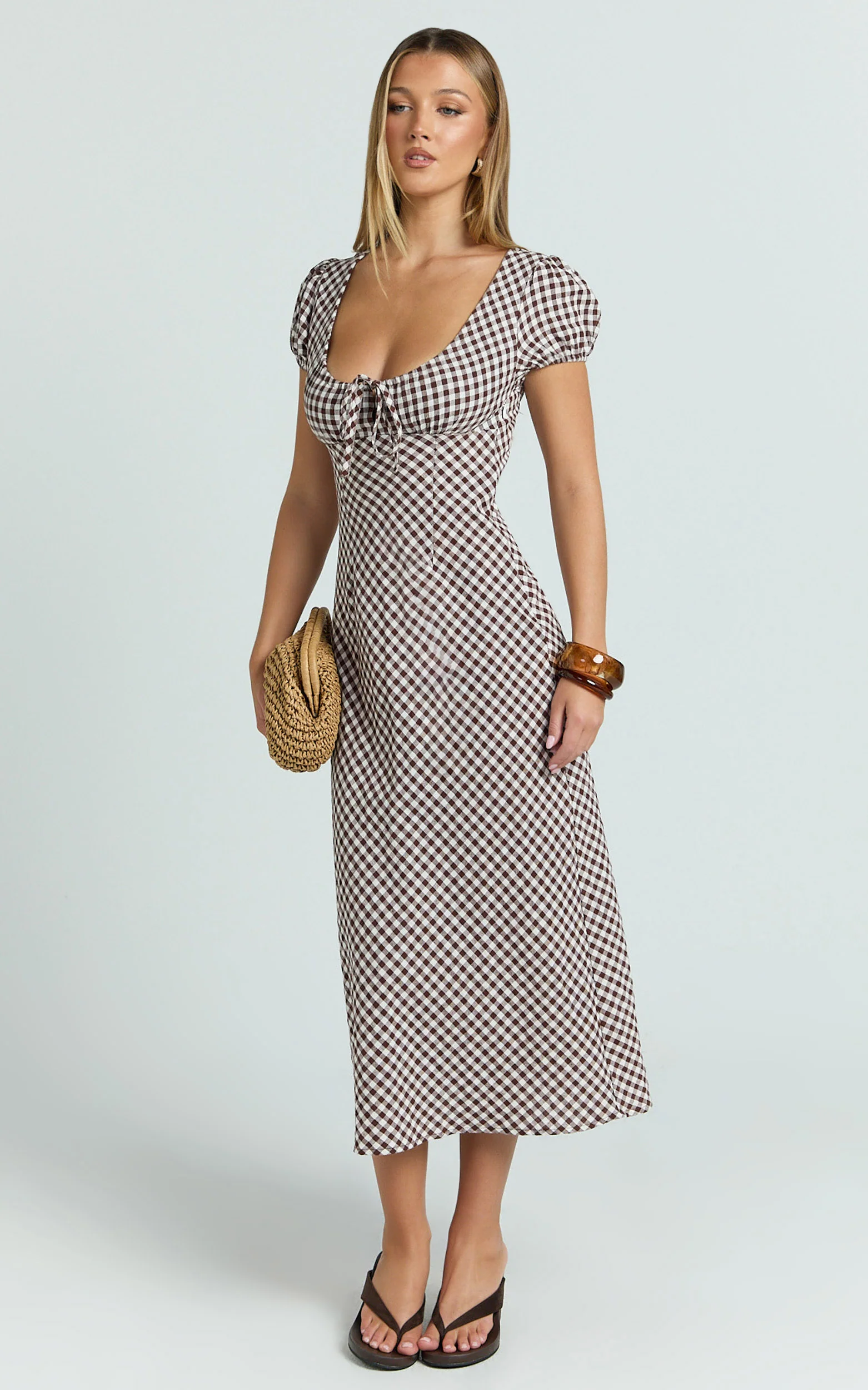 Bernice Midi Dress - Gingham Scoop Neck A Line Dress in Chocolate Gingham
