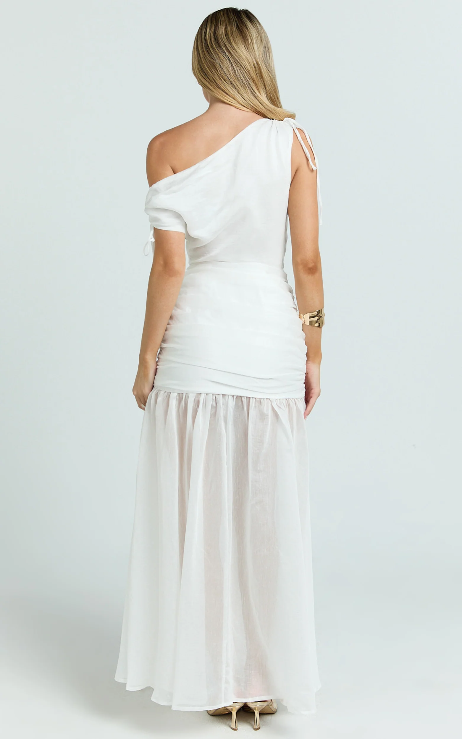 Mackenzie Maxi Dress - Tipped Shoulder Drop Waist Full Gathered Skirt Dress in White