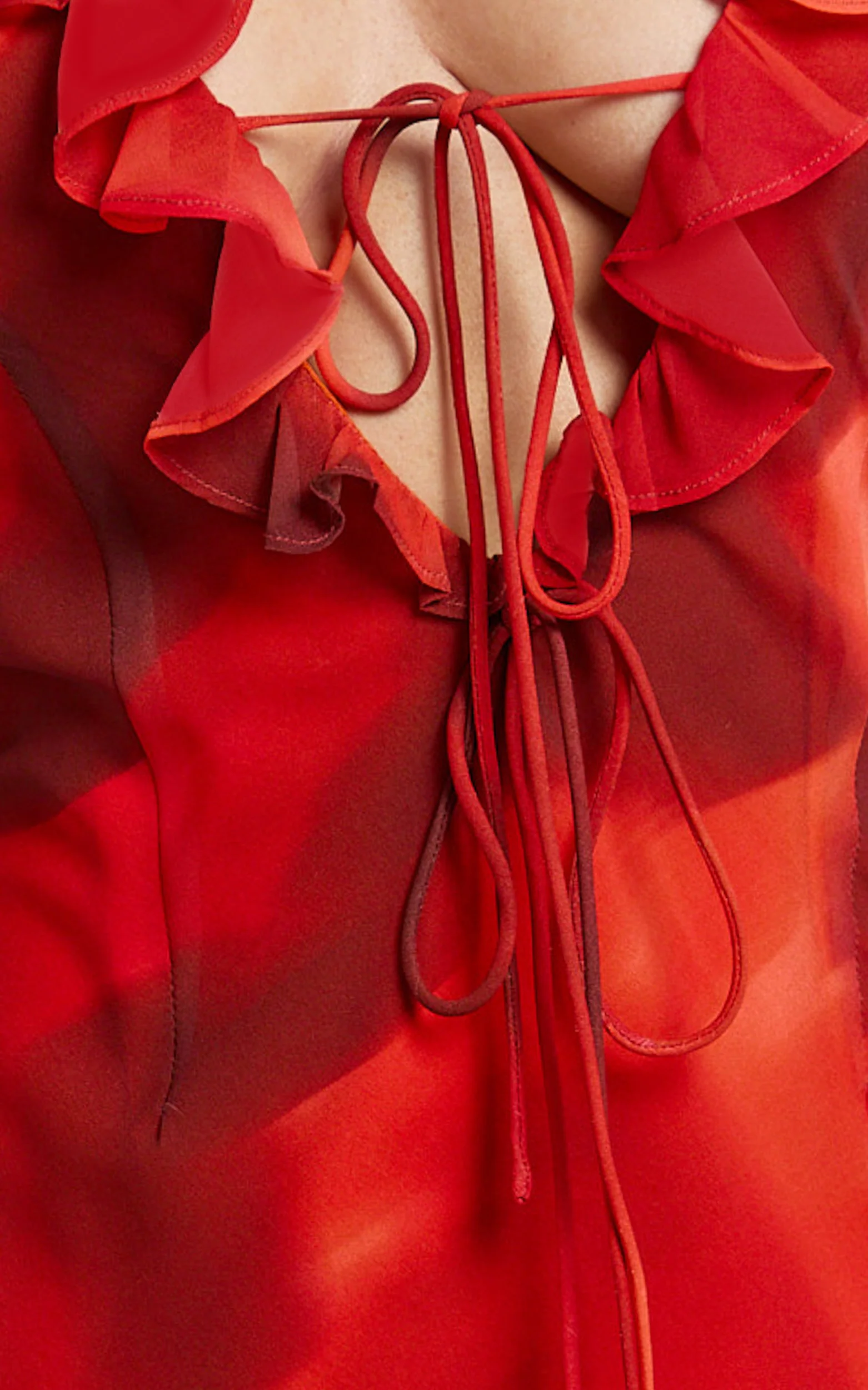 Alesya Mini Dress - Ruffle Plunge Neck Long Sleeve Tie Detail Dress in Abstract Adeana Print