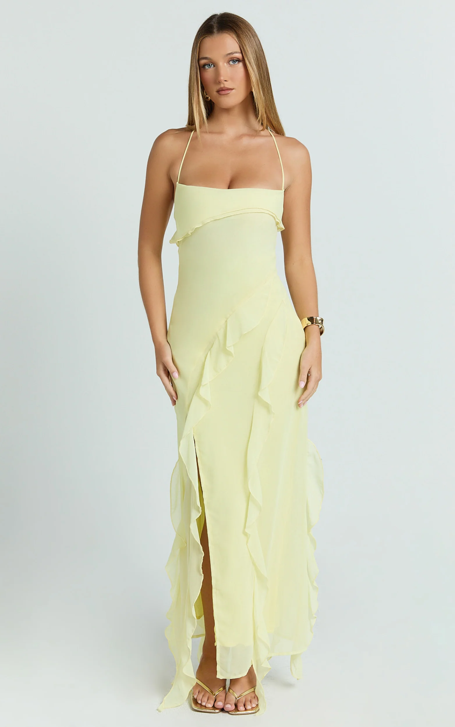 Connie Midi Dress - Ruffle Detail Dress in Lemon