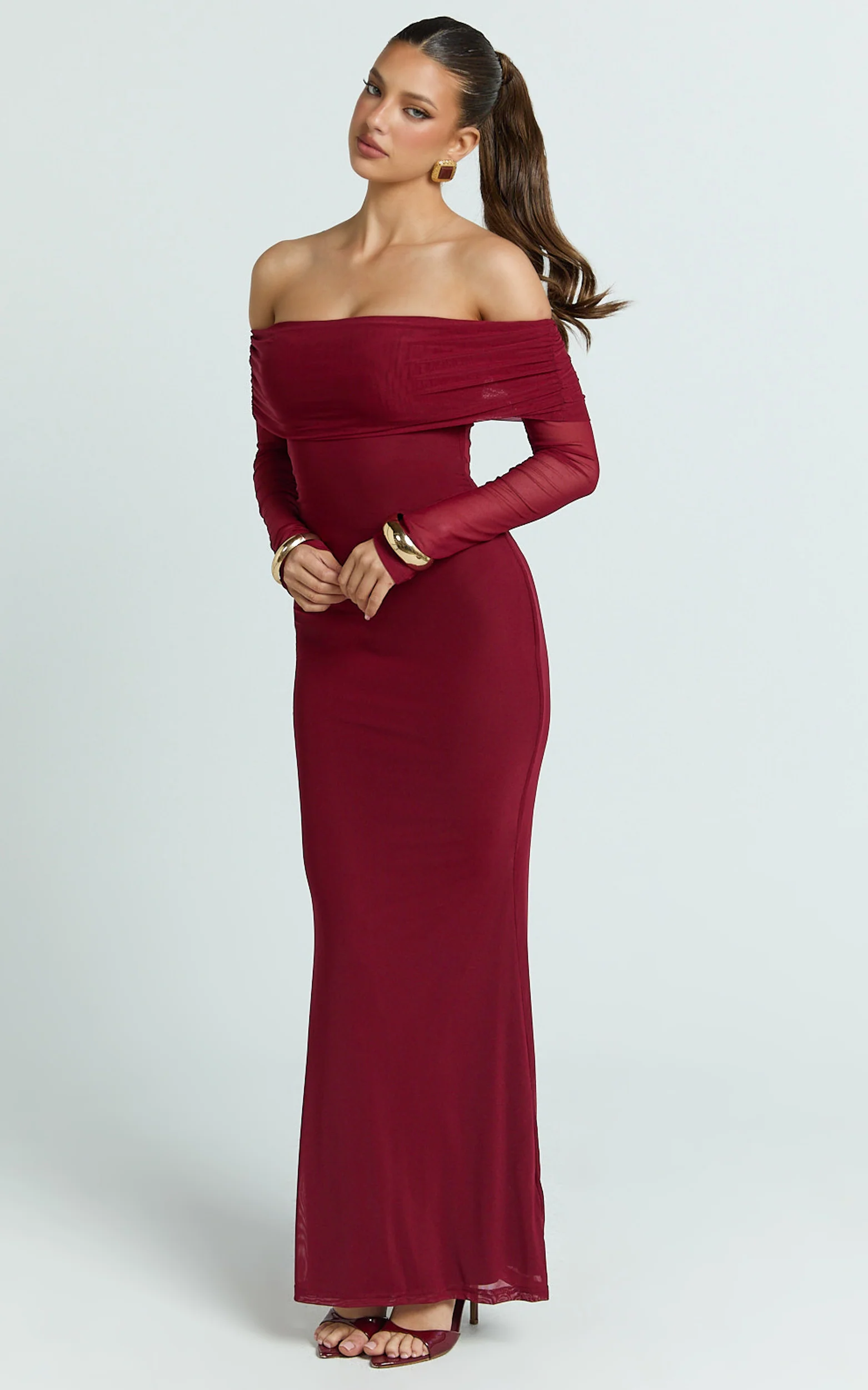 Bethanie Maxi Dress - Off The Shoulder Mesh Dress in Wine