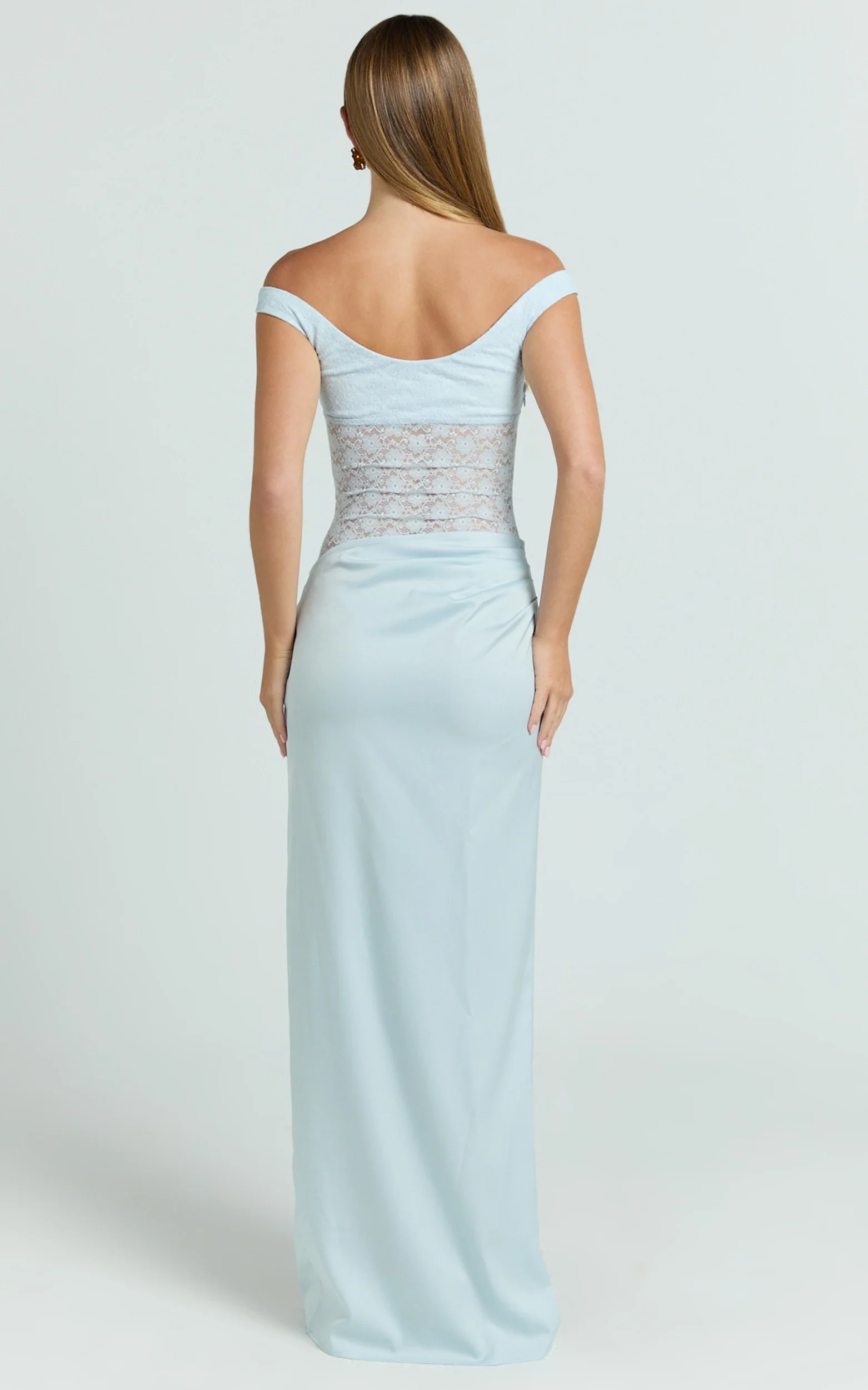 Elara Maxi Dress - Lace Ruched Side Split Dress in Soft Blue
