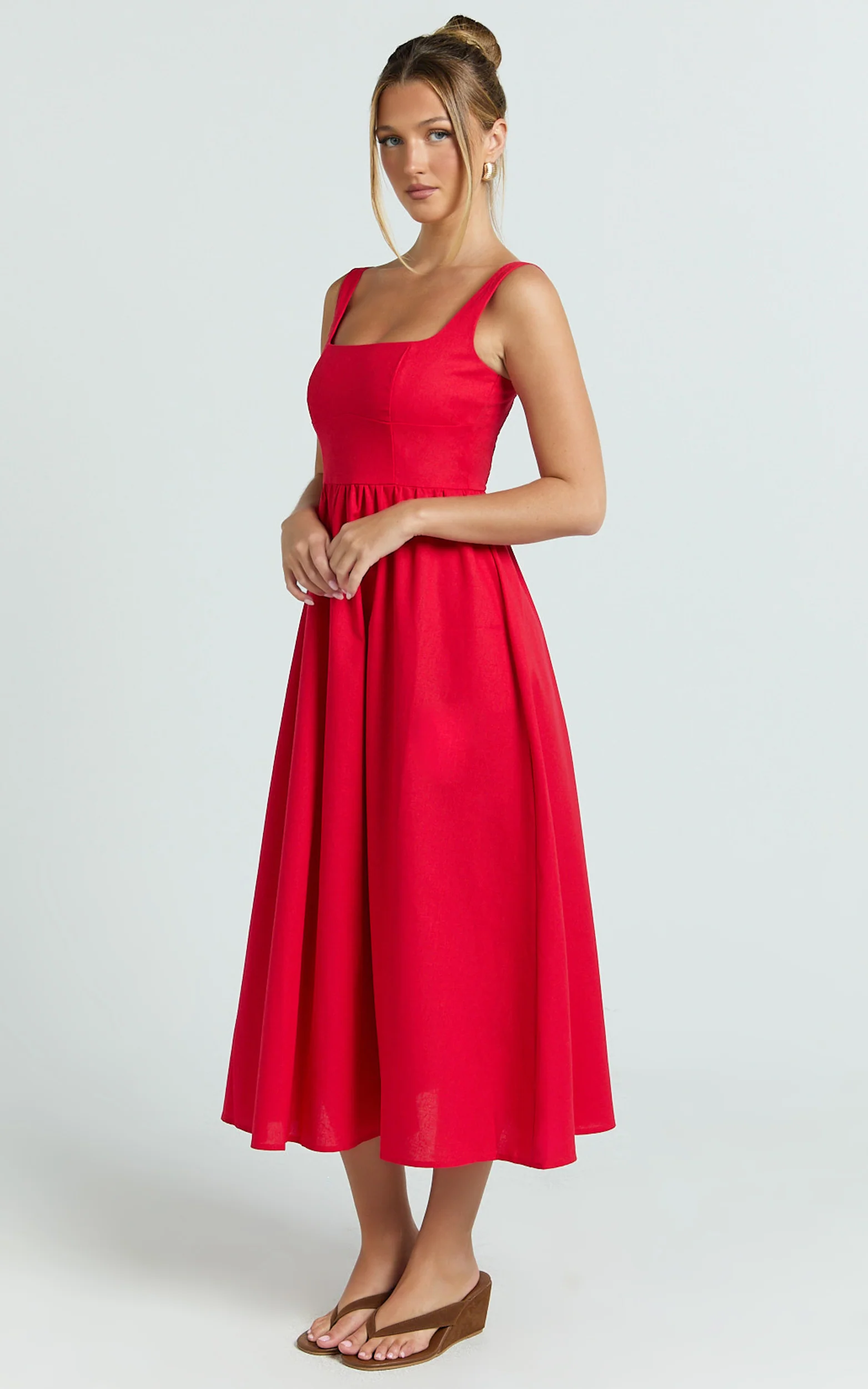 Khari Midi Dress - Linen Look Square A Line Dress in Red