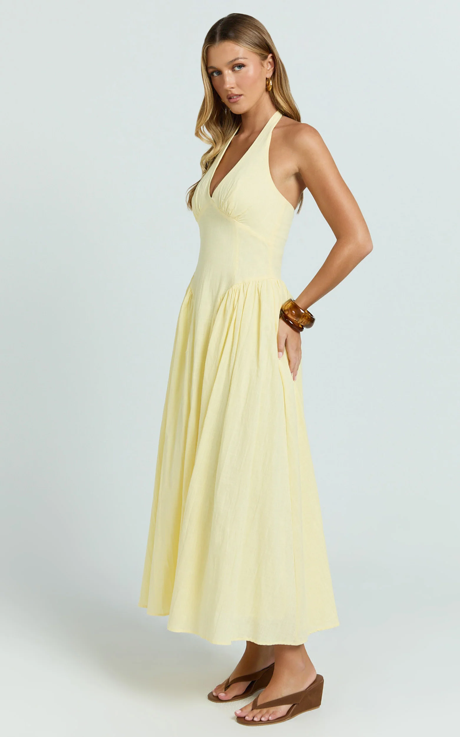 Athena Midi Dress - Halter Drop Waist Dress in Lemon