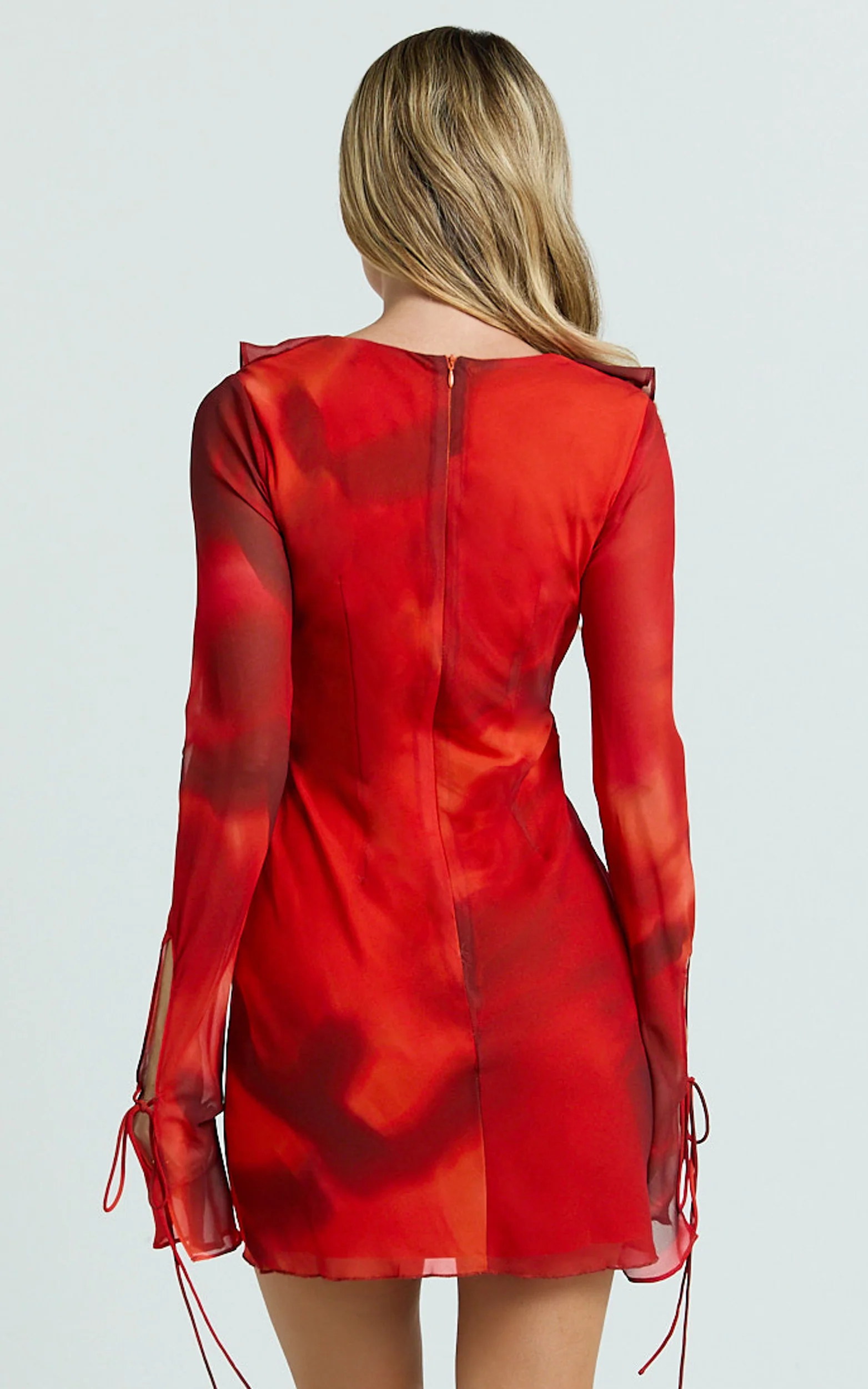 Alesya Mini Dress - Ruffle Plunge Neck Long Sleeve Tie Detail Dress in Abstract Adeana Print