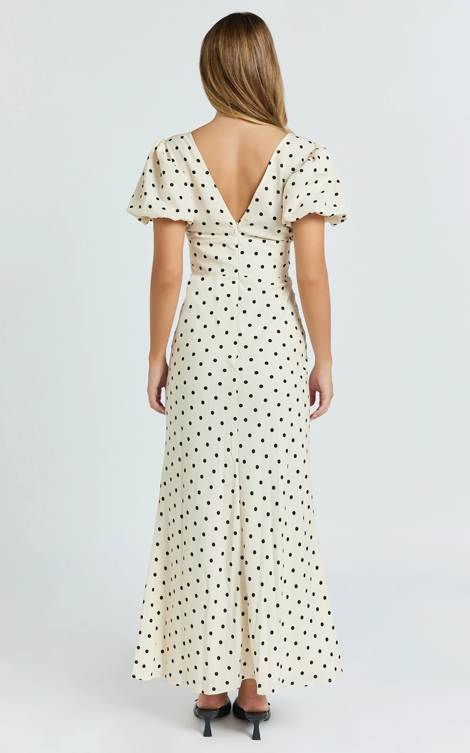 Elise Midi Dress - V Neck Puff Sleeve Dress in White Polka Dot