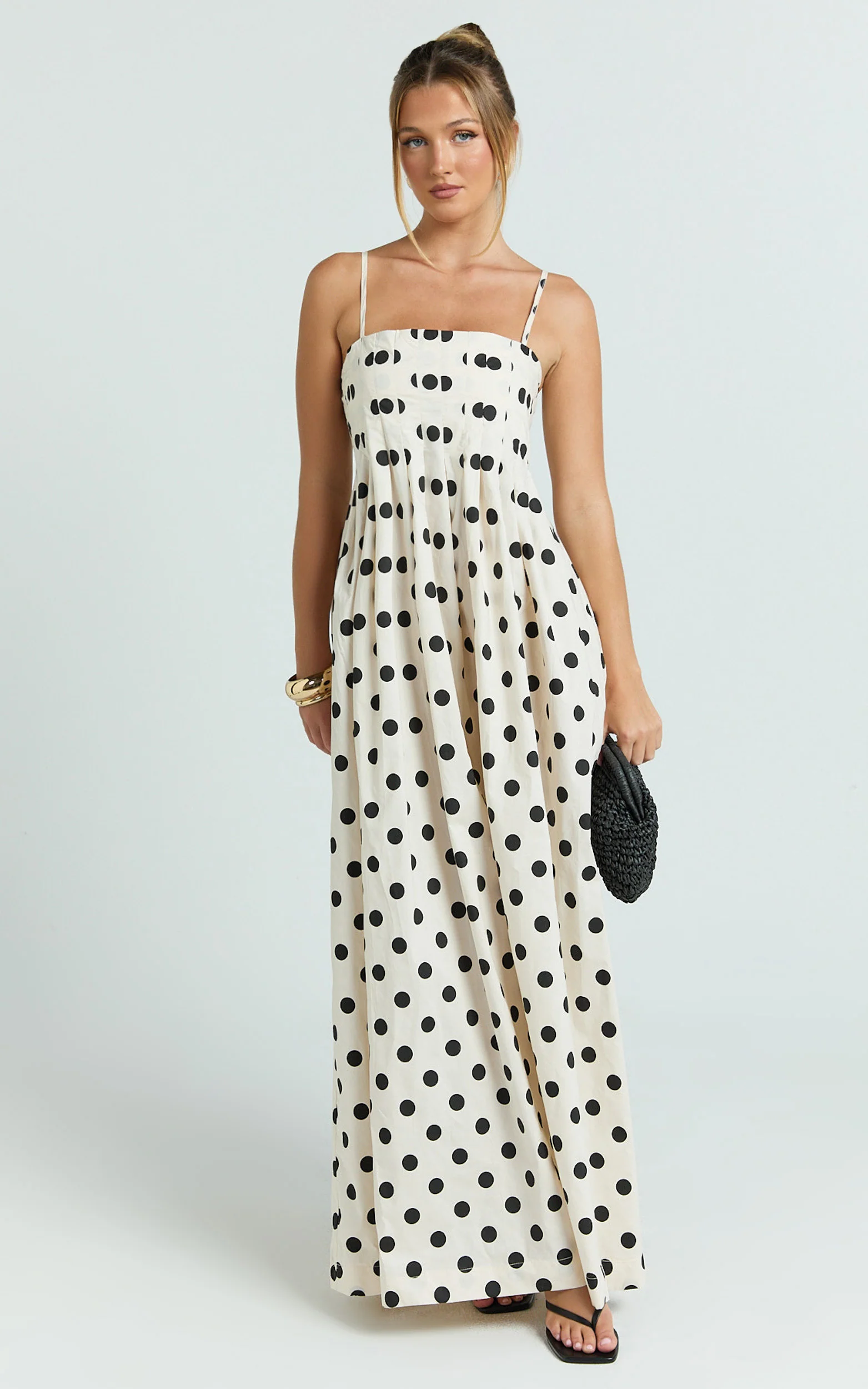 Sia Maxi Dress - Sleeveless Straight Neck A Line Dress in Beige Black Spot