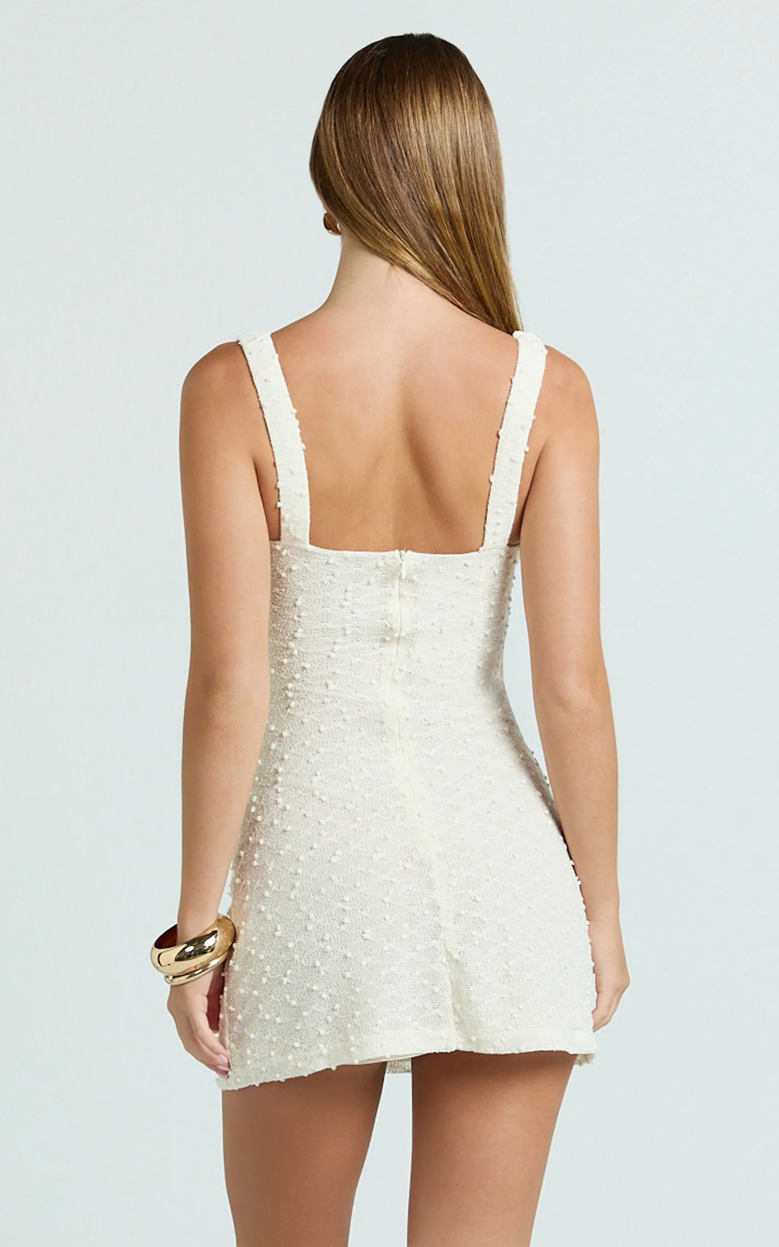 Romy Mini Dress - Cut Out Gold Trim Gathered A Line Dress in Ivory