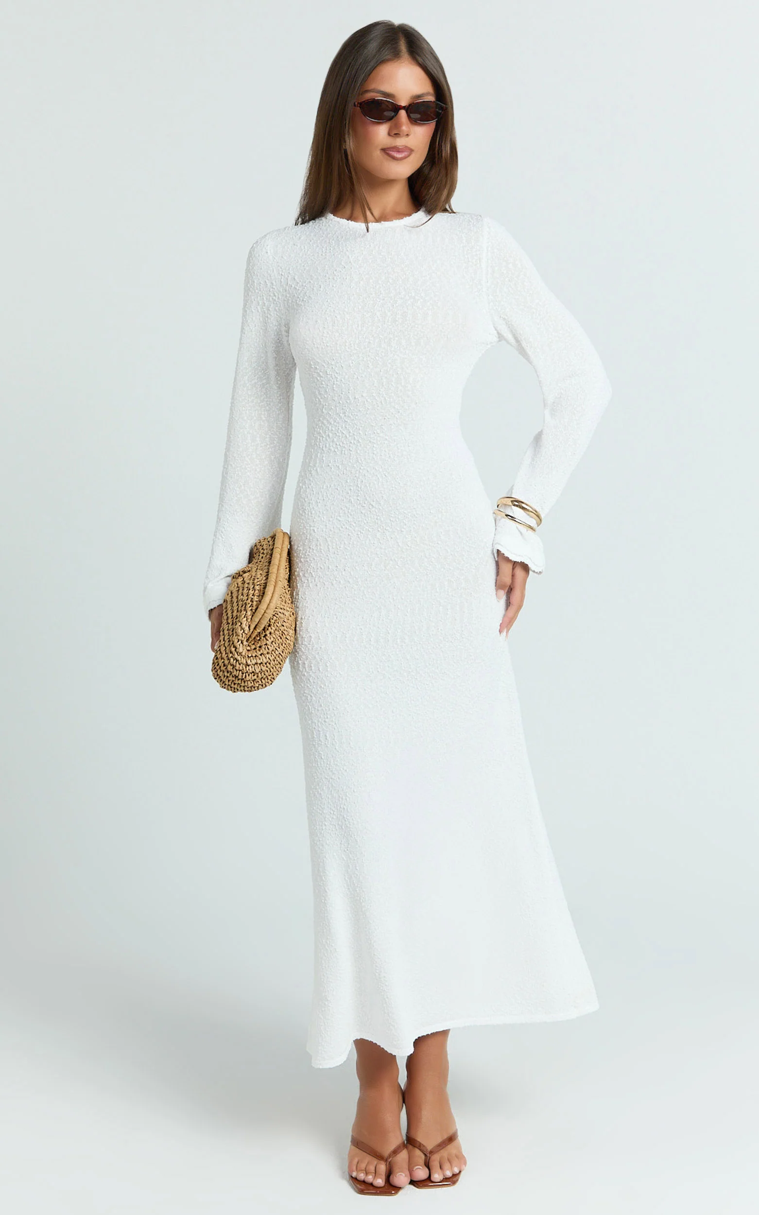 Tabitha Midi Dress - Long Sleeve Scallop Edge Knitted Midi Dress in White