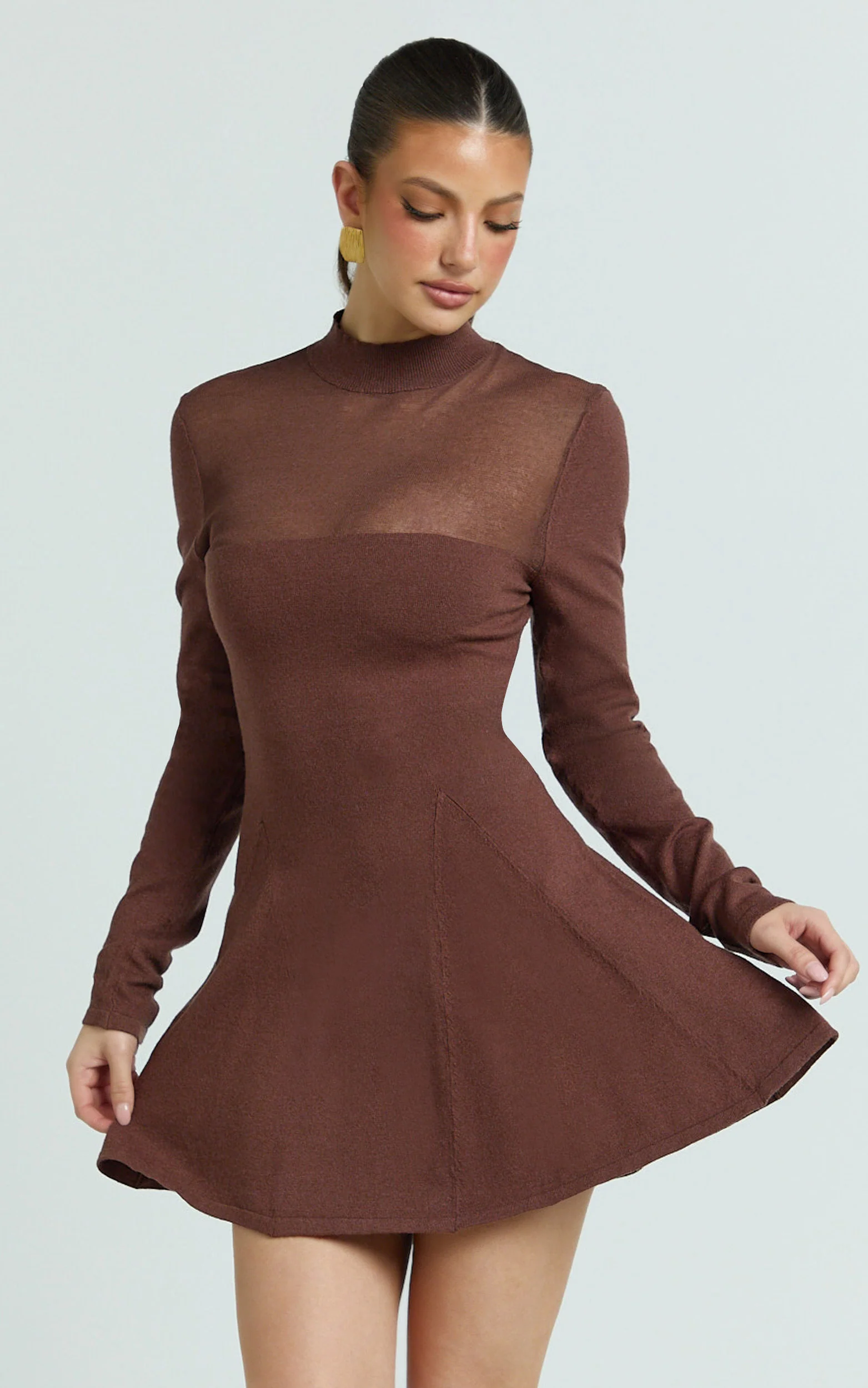 Camilla Mini Dress - Turtle Neck Fit And Flare Sheer Contrast Knit Dress in Chocolate