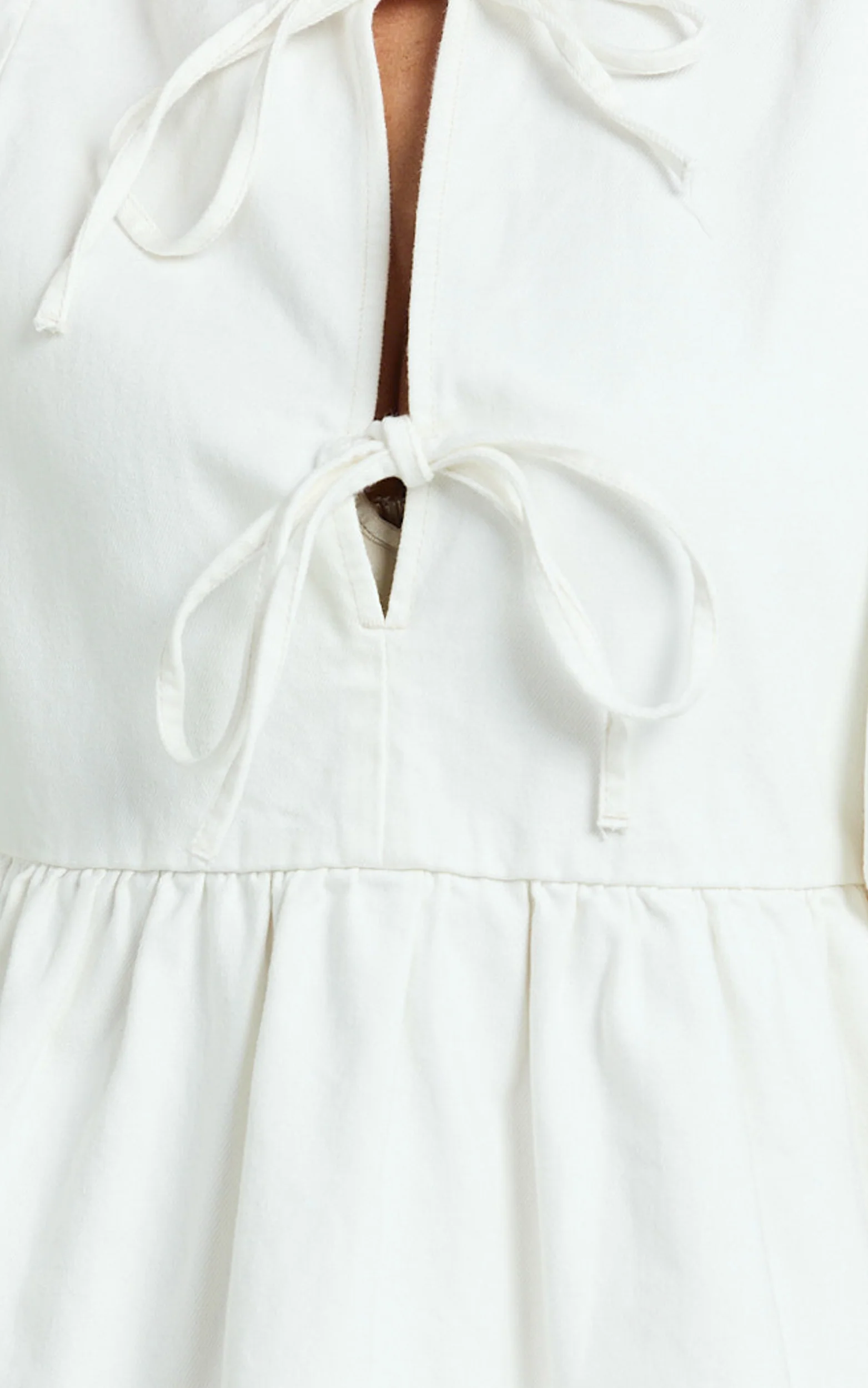 Shailene Mini Dress - Tie Front Puff Sleeve Recycled Denim Dress in Ecru