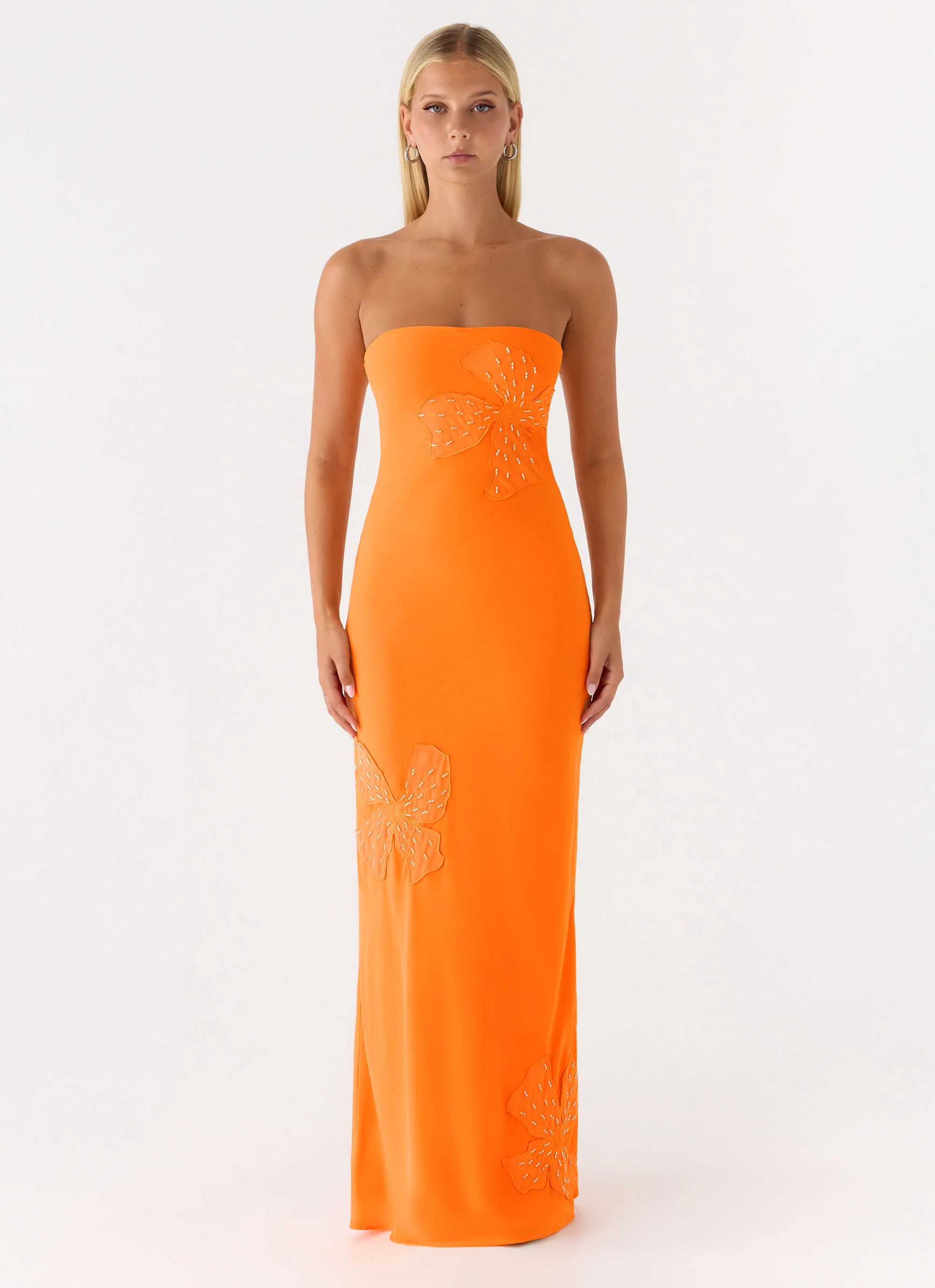 Sassafras Beaded Flower Strapless Maxi Dress - Orange