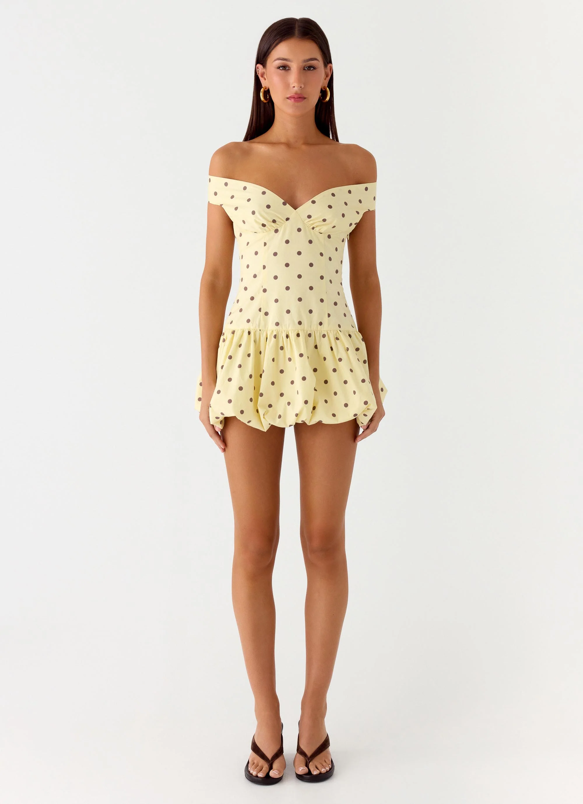 Endless Romance Off Shoulder Mini Dress - Yellow Polkadot